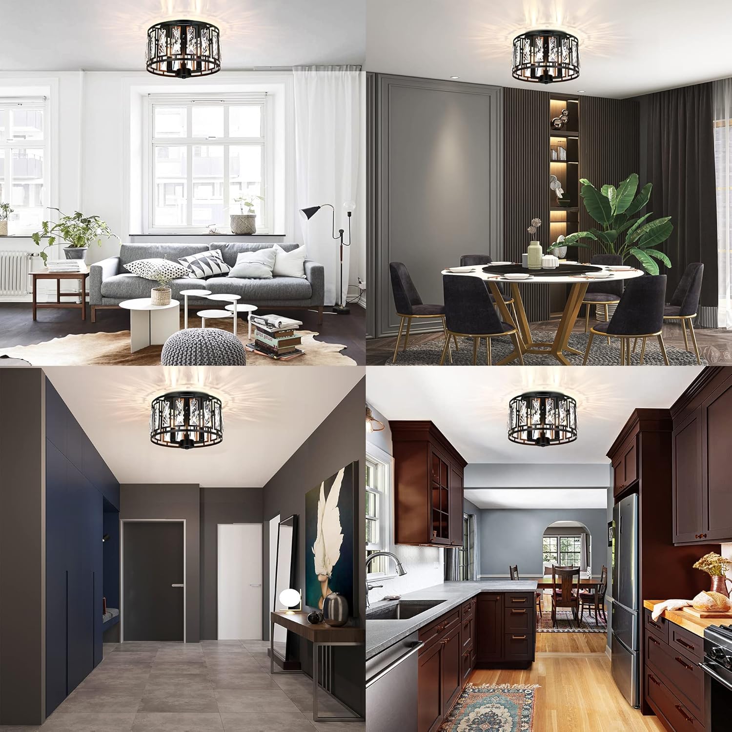 Lámpara de techo de cristal empotrada para dormitorio, isla de cocina, lámpara de techo negra de 3 luces para comedor