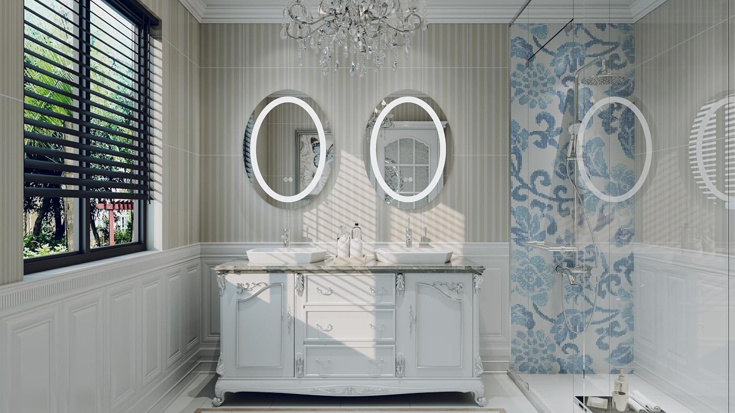 Homebay Espejo de tocador LED de baño de 31.5 x 23.6 pulgadas, luz frontal regulable, espejo de maquillaje ovalado antiempañamiento, 3 colores