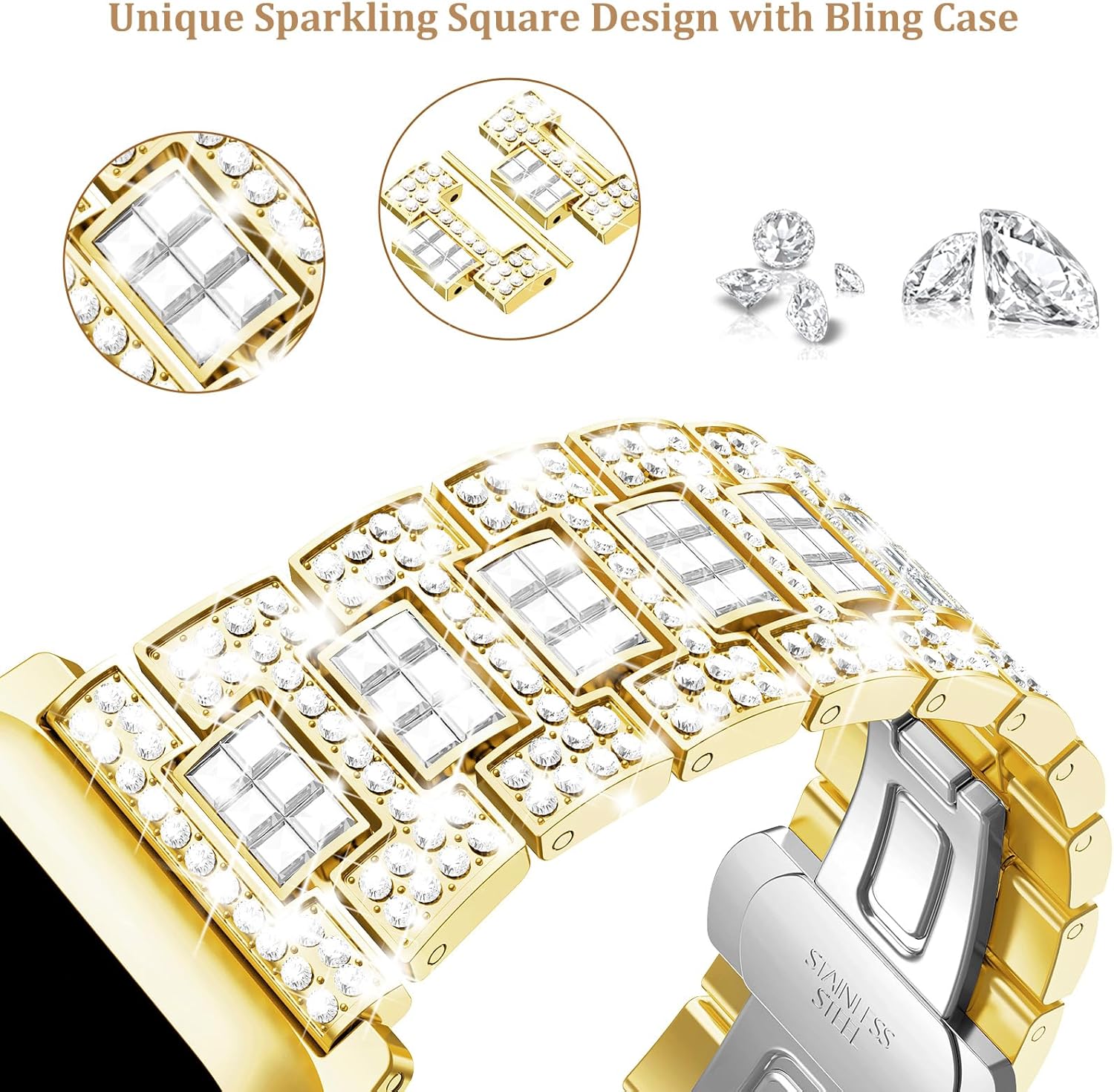 Mosonio Compatible con correas brillantes para Apple Watch de 1.575 pulgadas, 1.732 pulgadas, 1.614 pulgadas, 1.772 pulgadas, con funda de metal