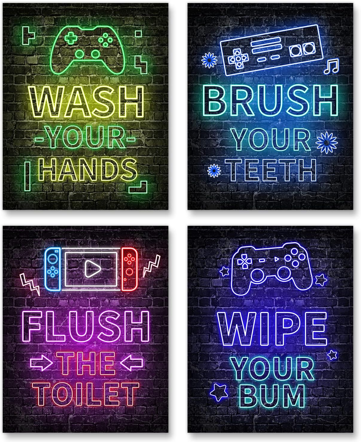 Juego de 4 decoración de videojuegos neón (8 x 10 pulgadas), decoración de habitación de niños para baño, palabras divertidas, arte de pared para