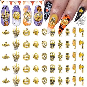 SILPECWEE 100 dijes de uñas de Halloween 3D con parte trasera plana, joyas de uñas retro de calabaza dorada y calavera para uñas, diseño de clavos SILPECWEE 100 dijes de uñas de Halloween 3D con parte trasera plana, joyas de uñas retro de calabaza dorada y calavera para uñas, diseño de clavos