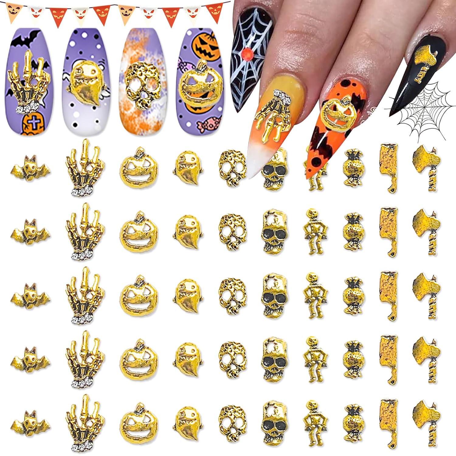 SILPECWEE 100 dijes de uñas de Halloween 3D con parte trasera plana, joyas de uñas retro de calabaza dorada y calavera para uñas, diseño de clavos