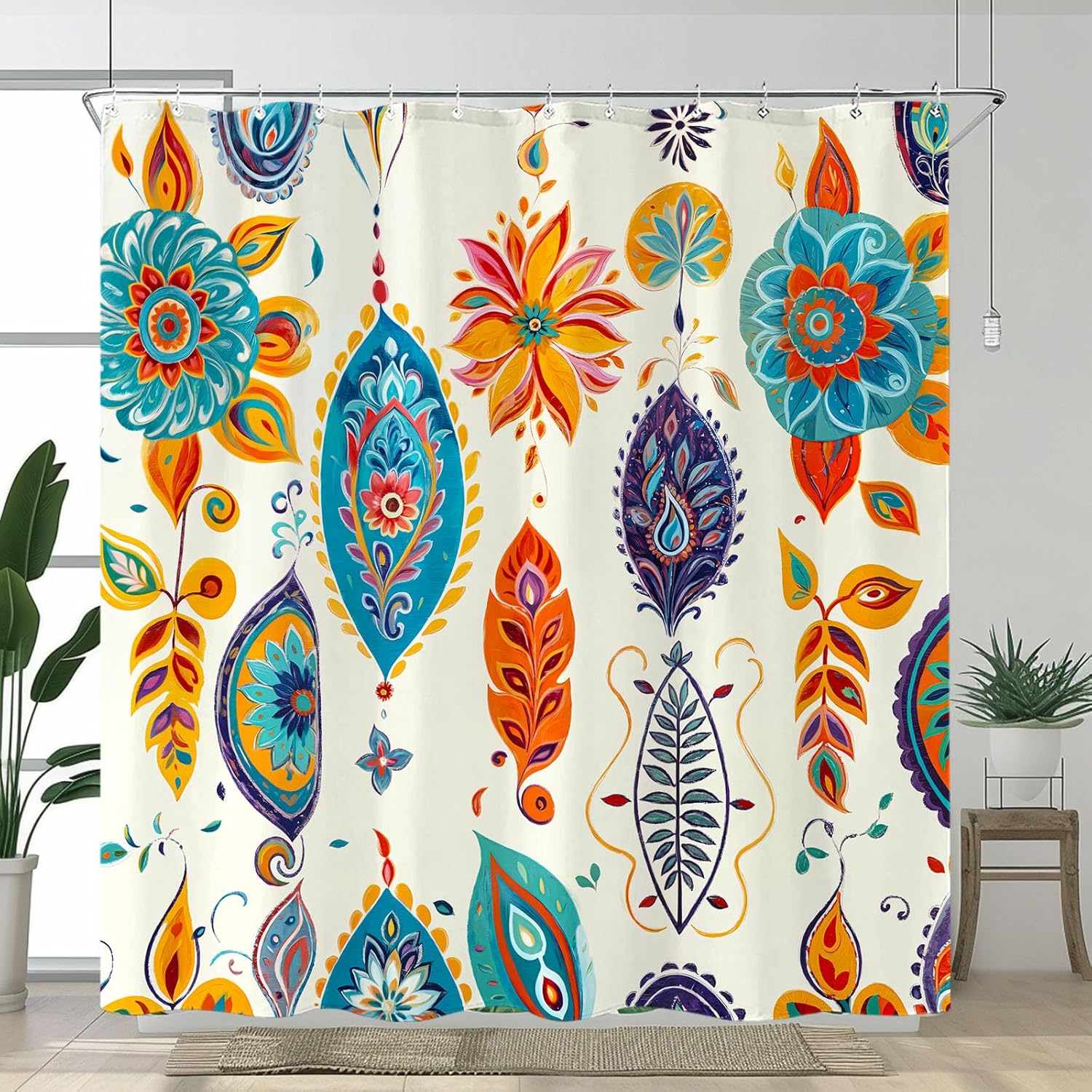 Cortina de ducha de flores, bonita cortina de ducha floral, decoración botánica, juego de cortina de ducha de tela con 12 ganchos