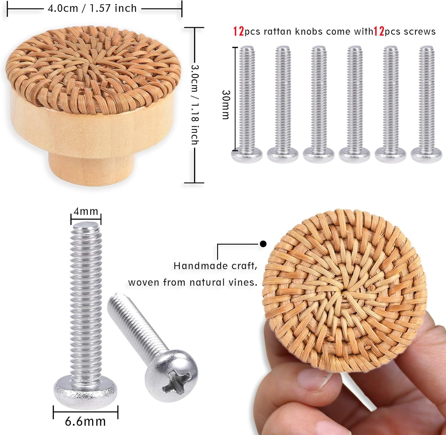 ETIUC 12 pomos de ratán para cajones, pomos bohemios de madera hechos a mano, perillas de madera para cajones, herrajes de mimbre tejido bohemio