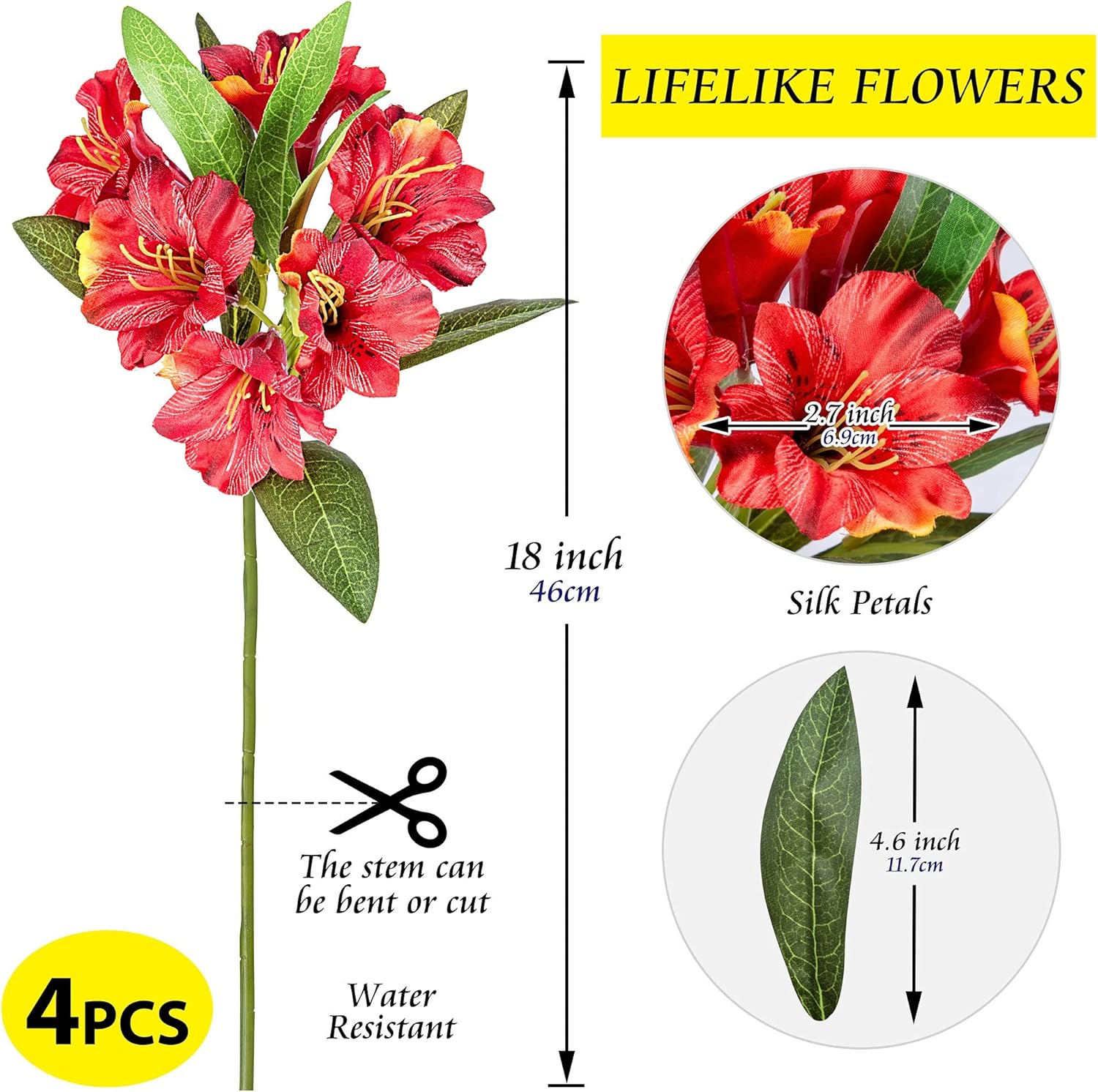 Amaryllis – Ramo de flores artificiales de 18 pulgadas de largo, pétalos de seda, hojas verdes sintéticas, decoración de boda, manualidades, centro