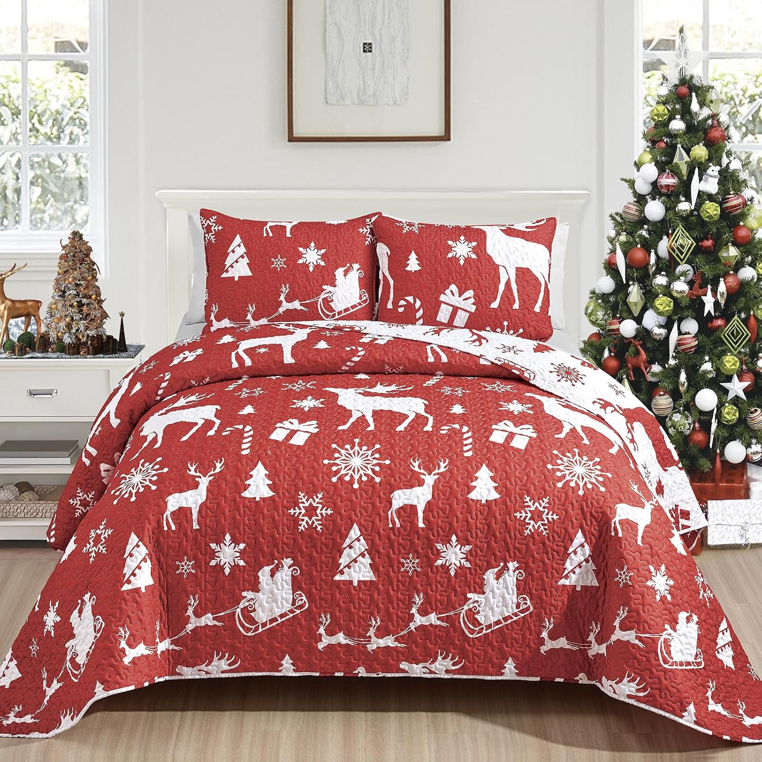 Mocaletto Juego de edredón de lujo de 3 piezas tamaño Queen, elegante y reversible, juego de ropa de cama de Navidad con funda de almohada, colcha
