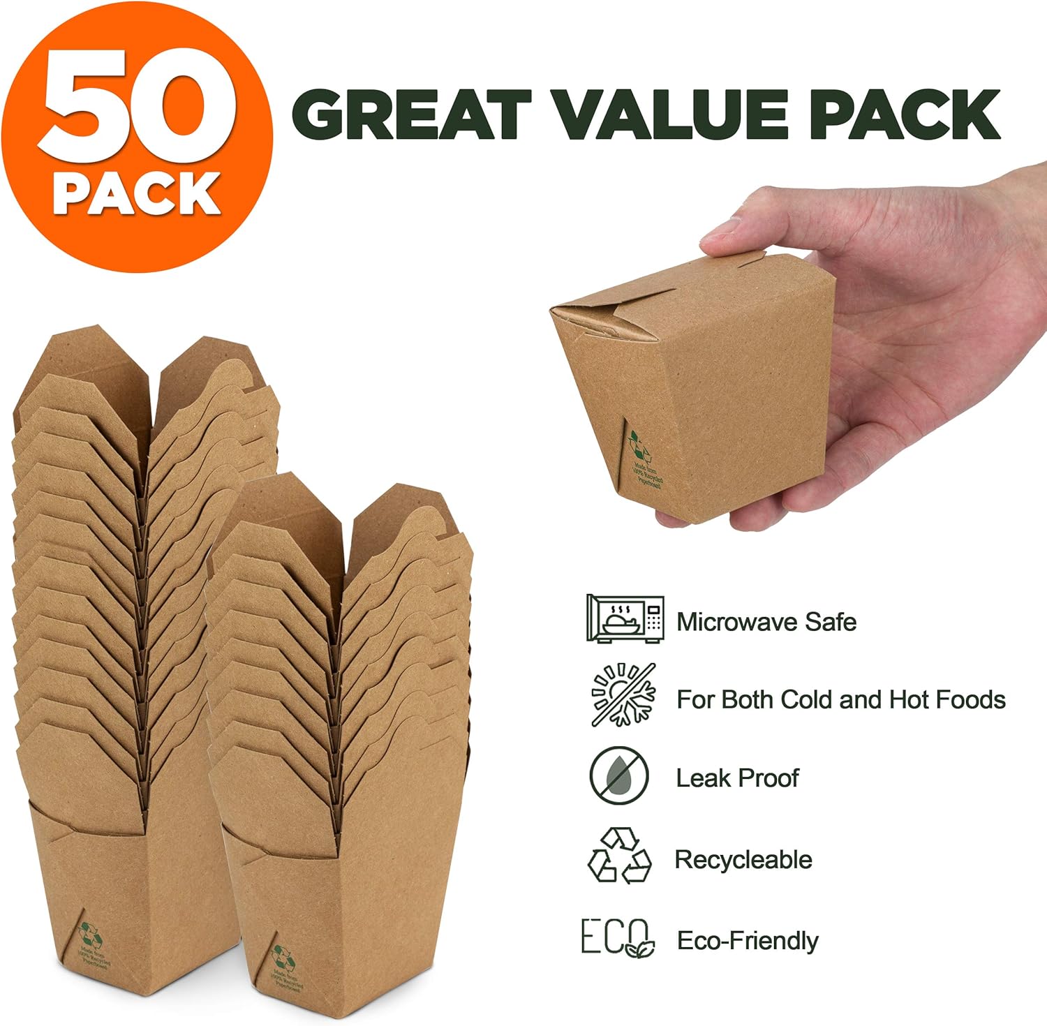 Fit Meal Prep Paquete de 50 cajas chinas para llevar de 8 onzas, 3 recipientes de cartón kraft liso de 2.5 pulgadas, resistentes a fugas y grasa,