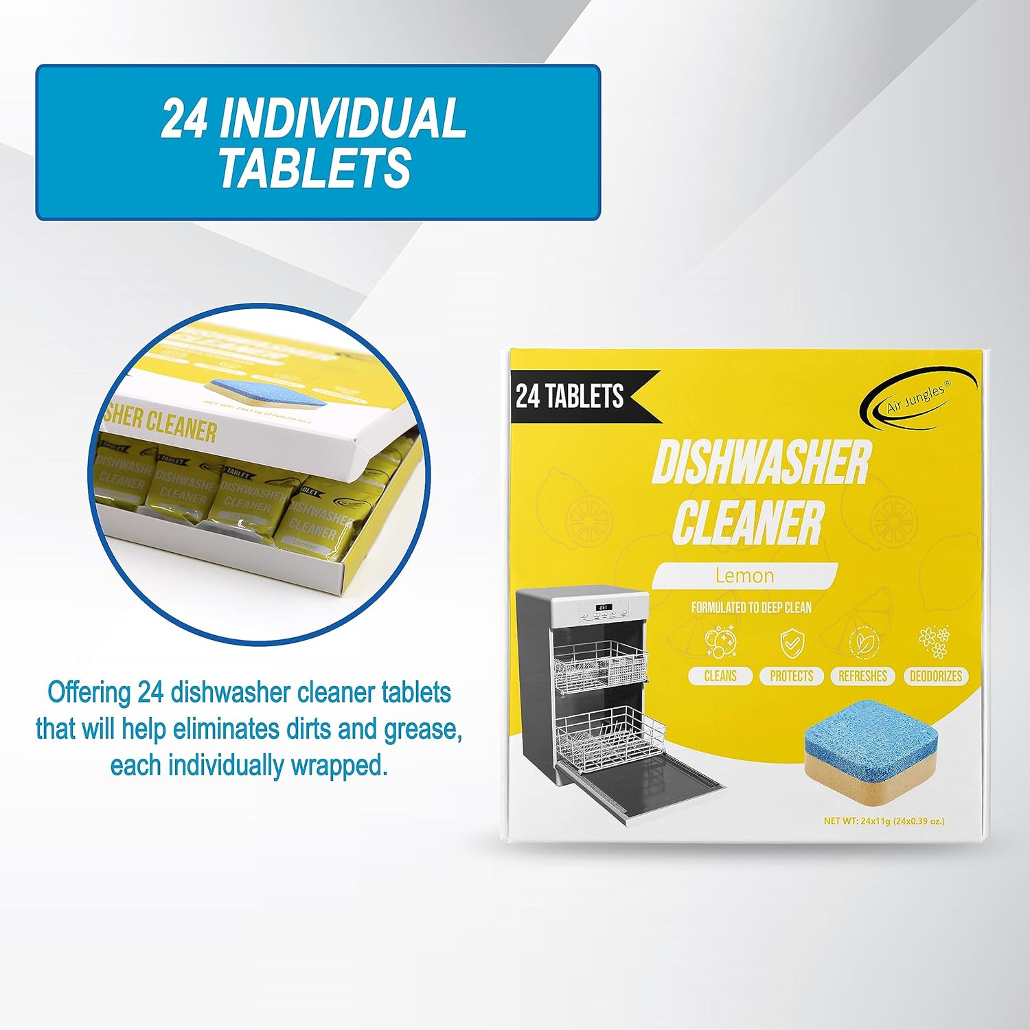 Air Jungles Tabletas limpiadoras de lavavajillas (24 unidades), aroma a limón, descalcificador de limpieza profunda, formuladas para limpiar la