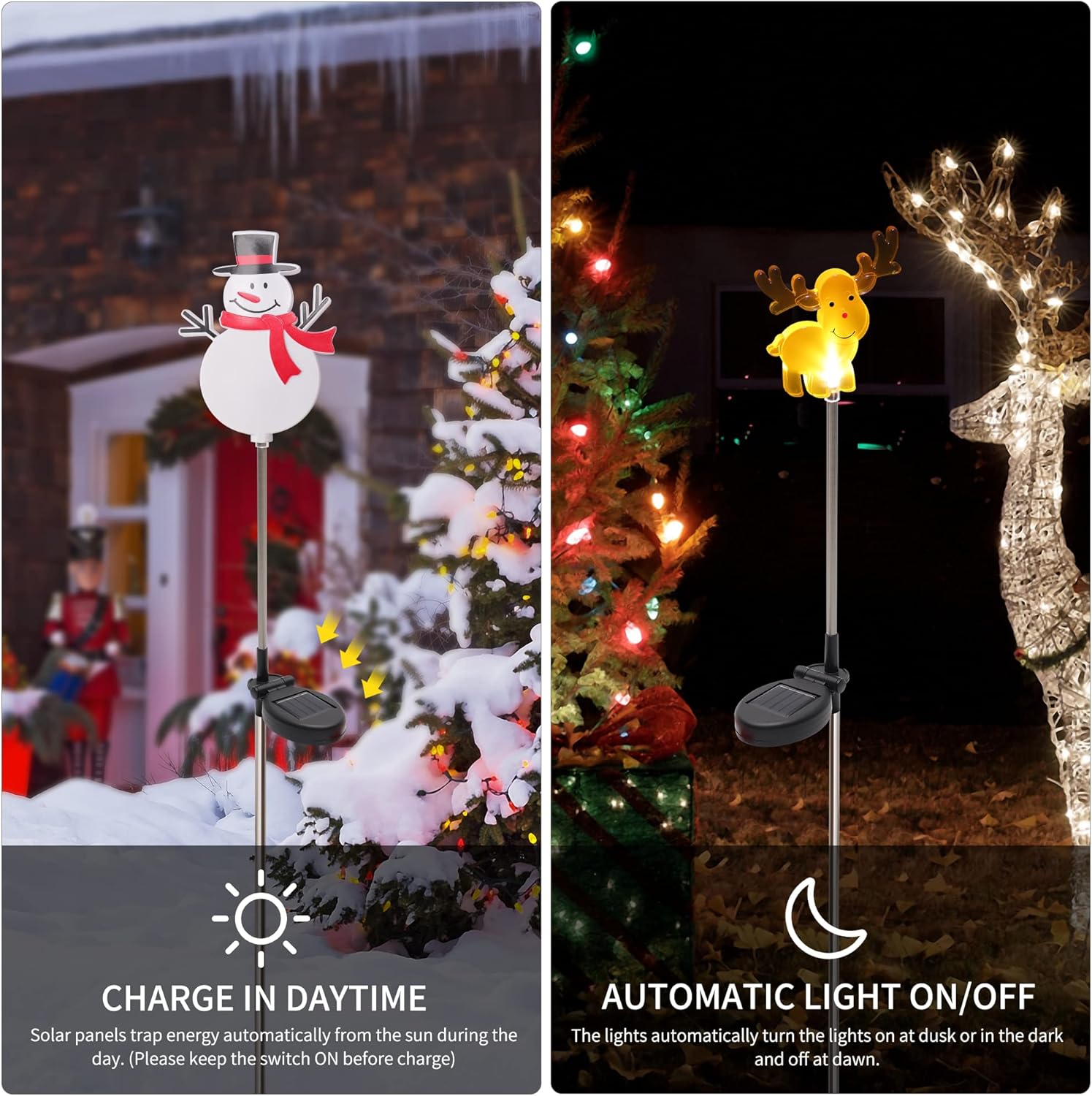 Glintoper Paquete de 4 luces solares de Navidad para exteriores, Papá Noel, muñeco de nieve, árbol de Navidad y reno con estacas de jardín,