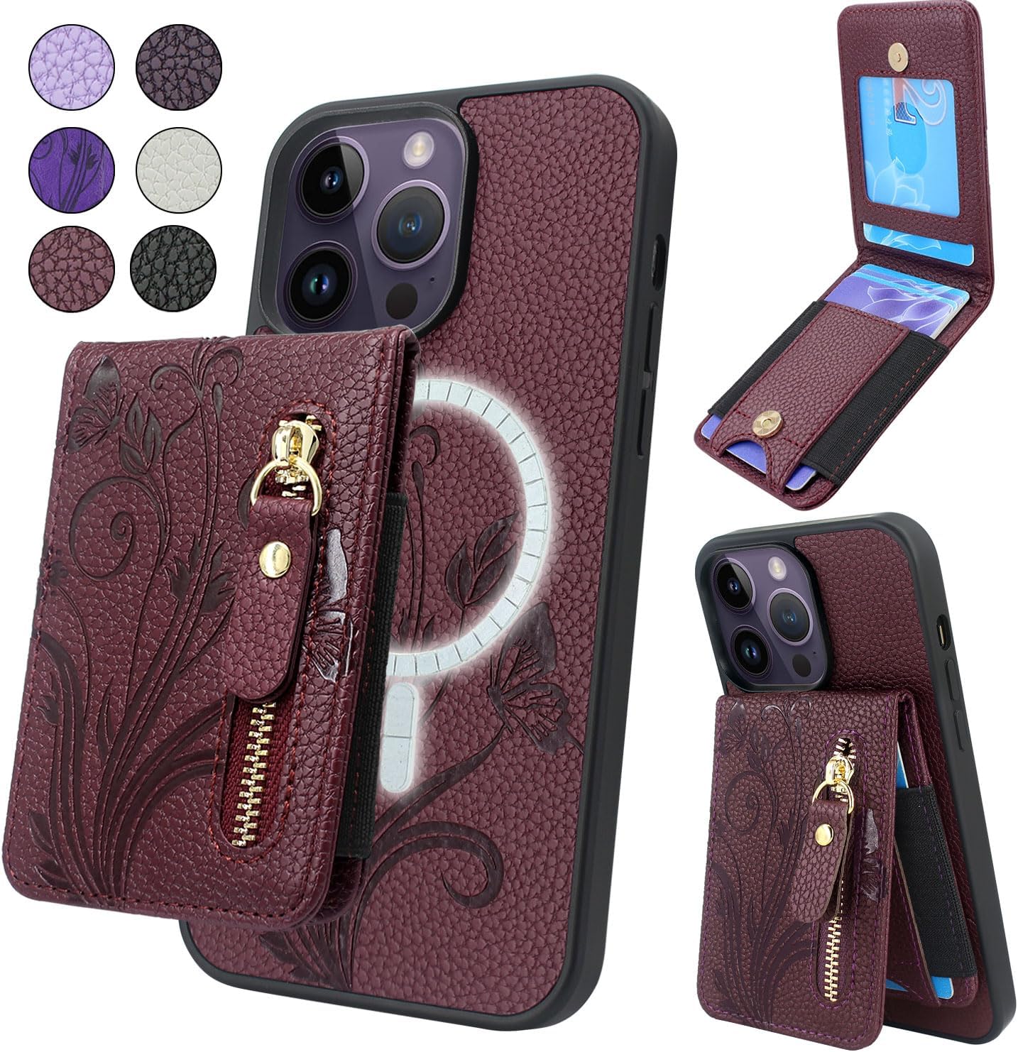Lacass Funda compatible con MagSafe Case Wallet para iPhone 14 Pro Max de 6.7 pulgadas, tarjetero magnético desmontable con cremallera (floral rojo