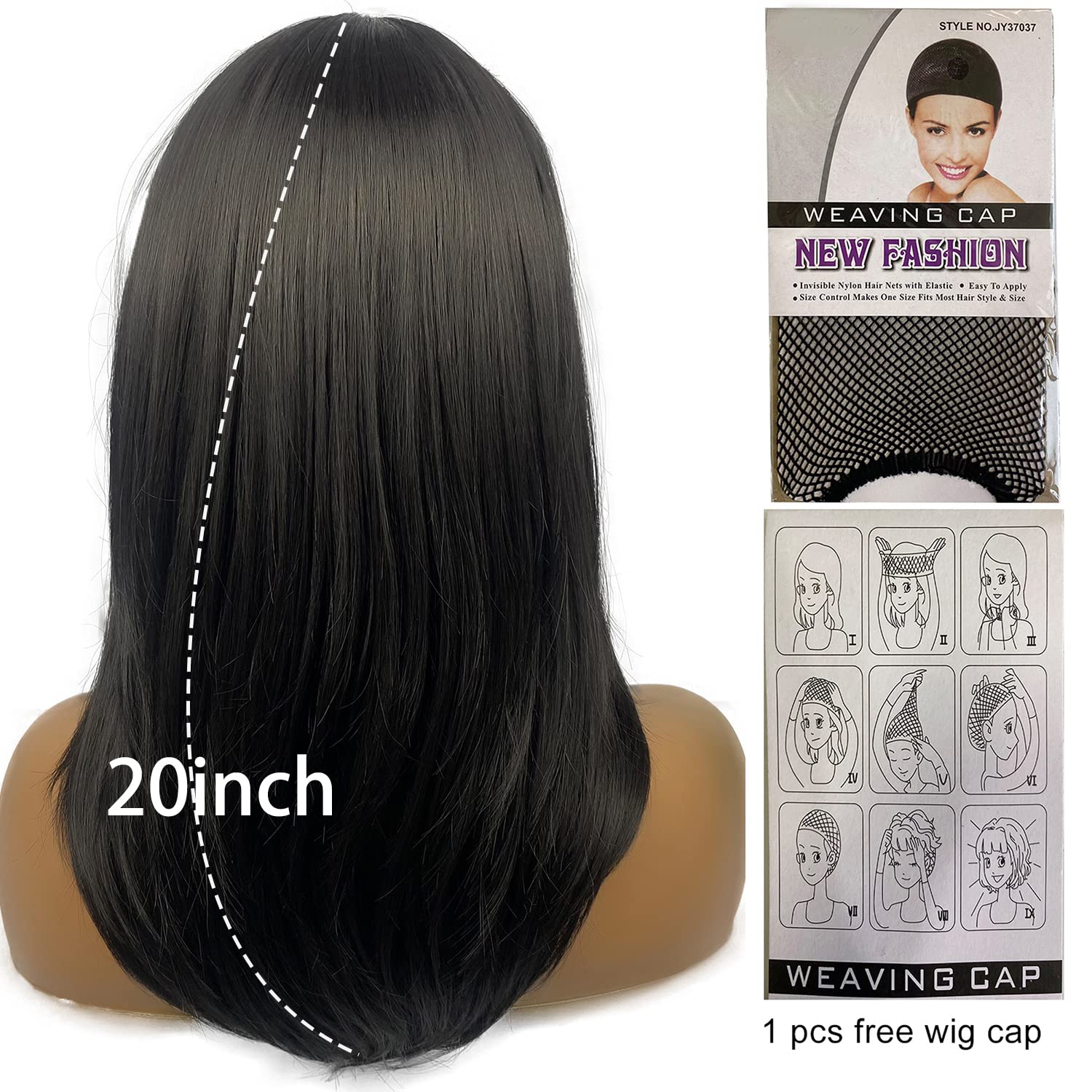 MIMISERVICE Pelucas largas negras para mujer, pelucas negras con flequillo, peluca sintética de longitud al hombro en capas para fiestas diarias (20