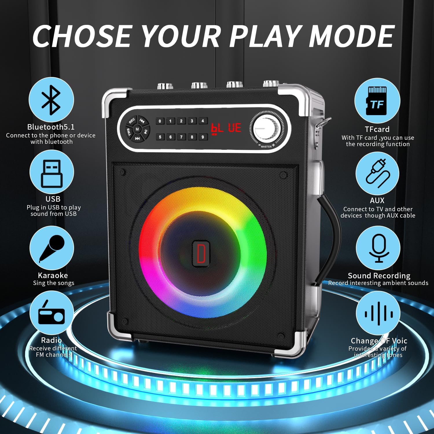Máquina de karaoke con 2 micrófonos inalámbricos, altavoz portátil Bluetooth 5.1 para adultos y niños, ajuste de gravesagudos, sistema PA con