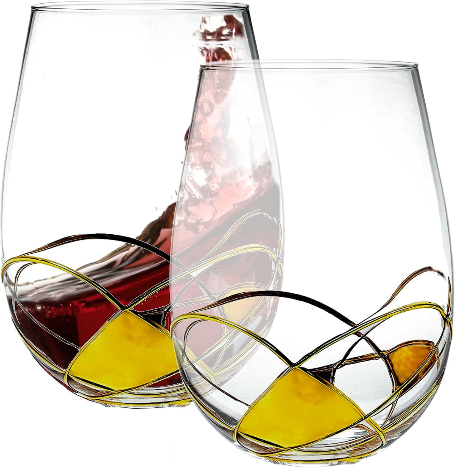 Bezrat Juego de dos copas de vino sin tallo, pintadas a mano, grandes copas de vino tinto y blanco de primera calidad, cristal sin plomo, regalo de
