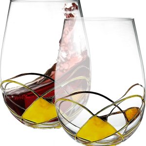 Bezrat Juego de dos copas de vino sin tallo, pintadas a mano, grandes copas de vino tinto y blanco de primera calidad, cristal sin plomo, regalo de Bezrat Juego de dos copas de vino sin tallo, pintadas a mano, grandes copas de vino tinto y blanco de primera calidad, cristal sin plomo, regalo de