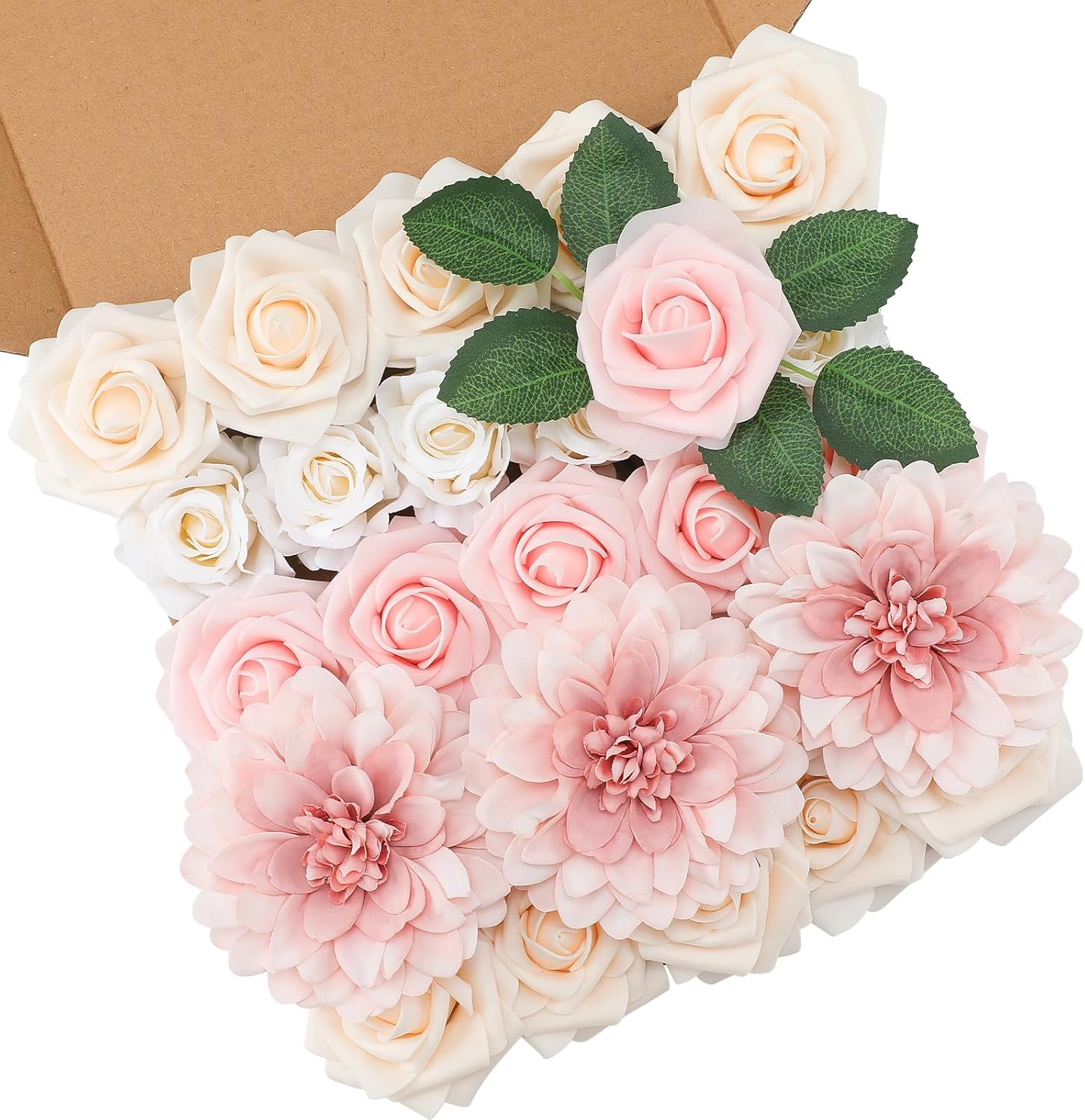 Floweroyal Flores rosas artificiales de color rosa, flores falsas de dalia con tallos para ramos de novia de boda, baby shower, arreglo floral,