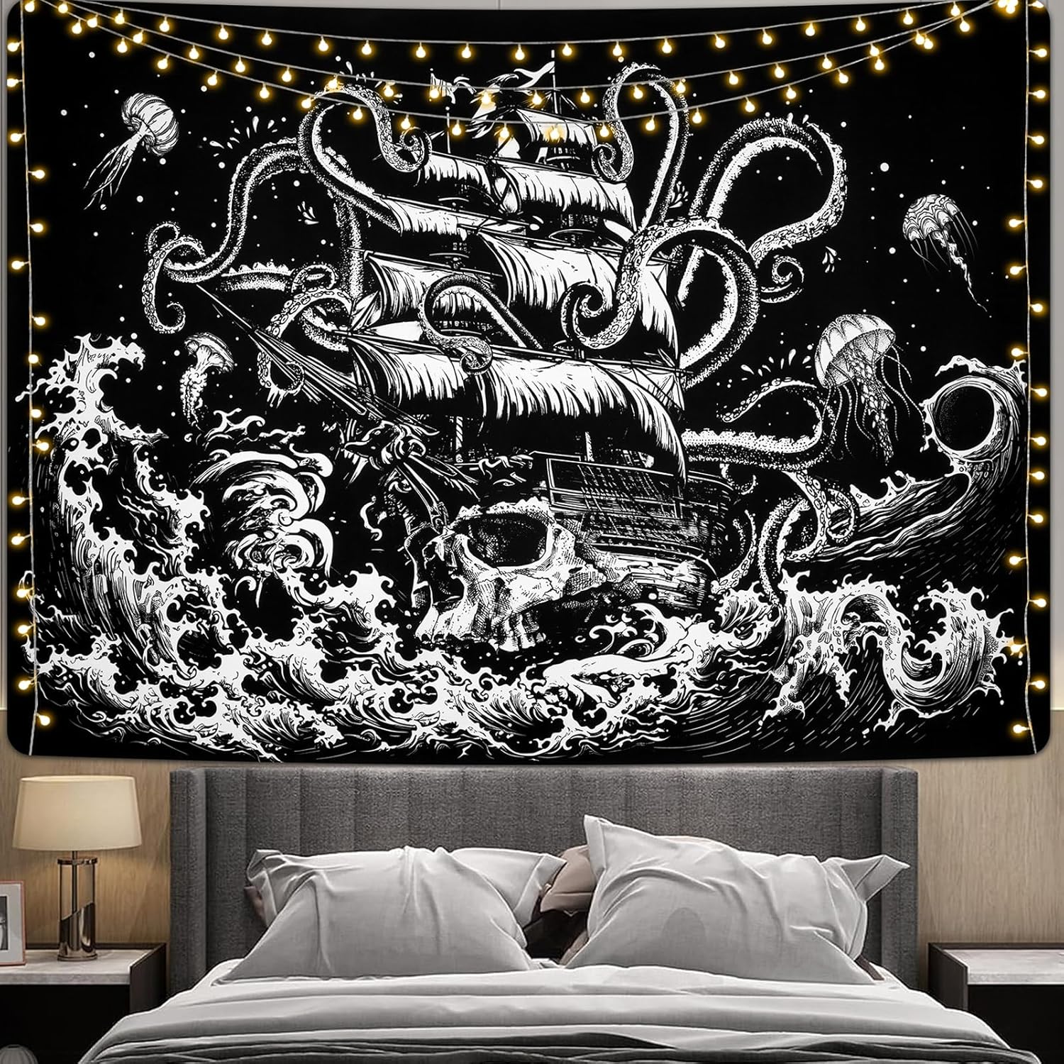 Krelymics Tapiz de olas del océano, tapices náuticos, tapiz de anime japonés, tapiz gótico de velero, decoración de pared, tapiz de pulpo blanco y