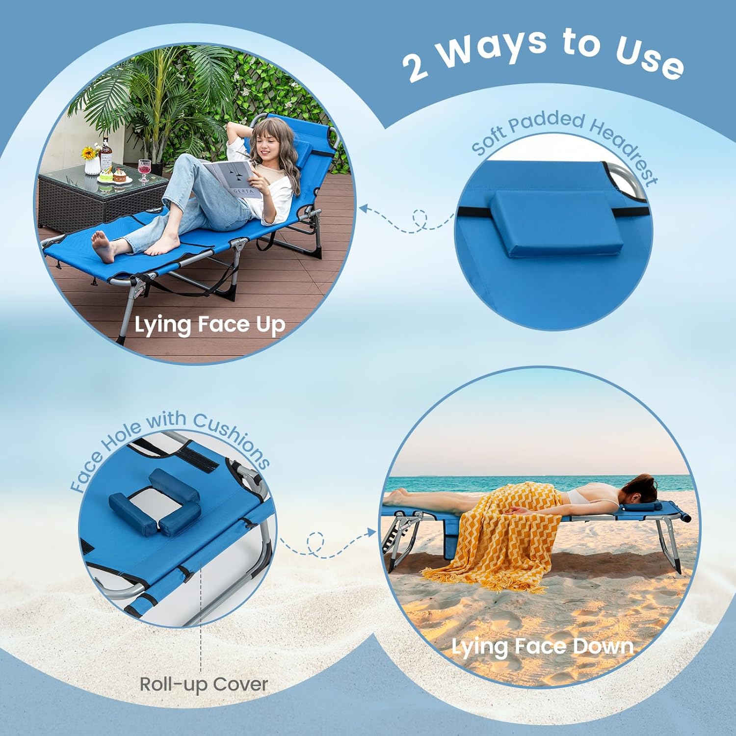 Goplus Sillas de salón para exterior, silla de bronceado de 5 posiciones con agujero para cara y brazo, correa de hombro y mano, silla de playa