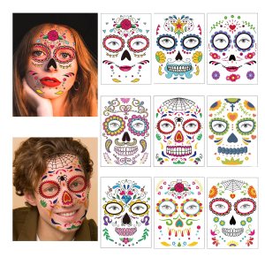 Día de los Muertos Tatuajes de Calavera de Azúcar Floral Negro Esqueleto Web Rosas Rojas Disfraz de Halloween Tatuajes Temporales 9 Hojas Día de los Muertos Tatuajes de Calavera de Azúcar Floral Negro Esqueleto Web Rosas Rojas Disfraz de Halloween Tatuajes Temporales 9 Hojas