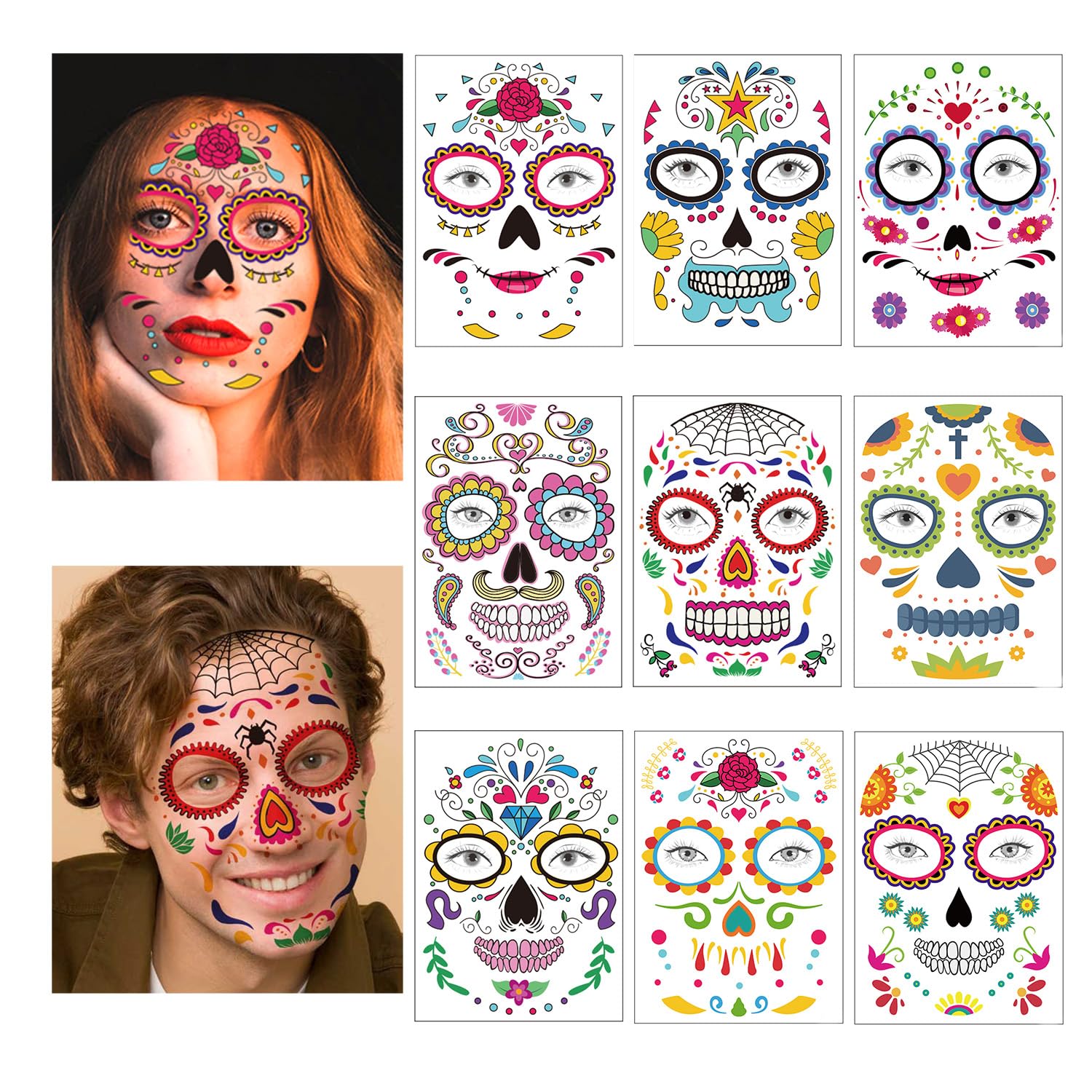 Día de los Muertos Tatuajes de Calavera de Azúcar Floral Negro Esqueleto Web Rosas Rojas Disfraz de Halloween Tatuajes Temporales 9 Hojas