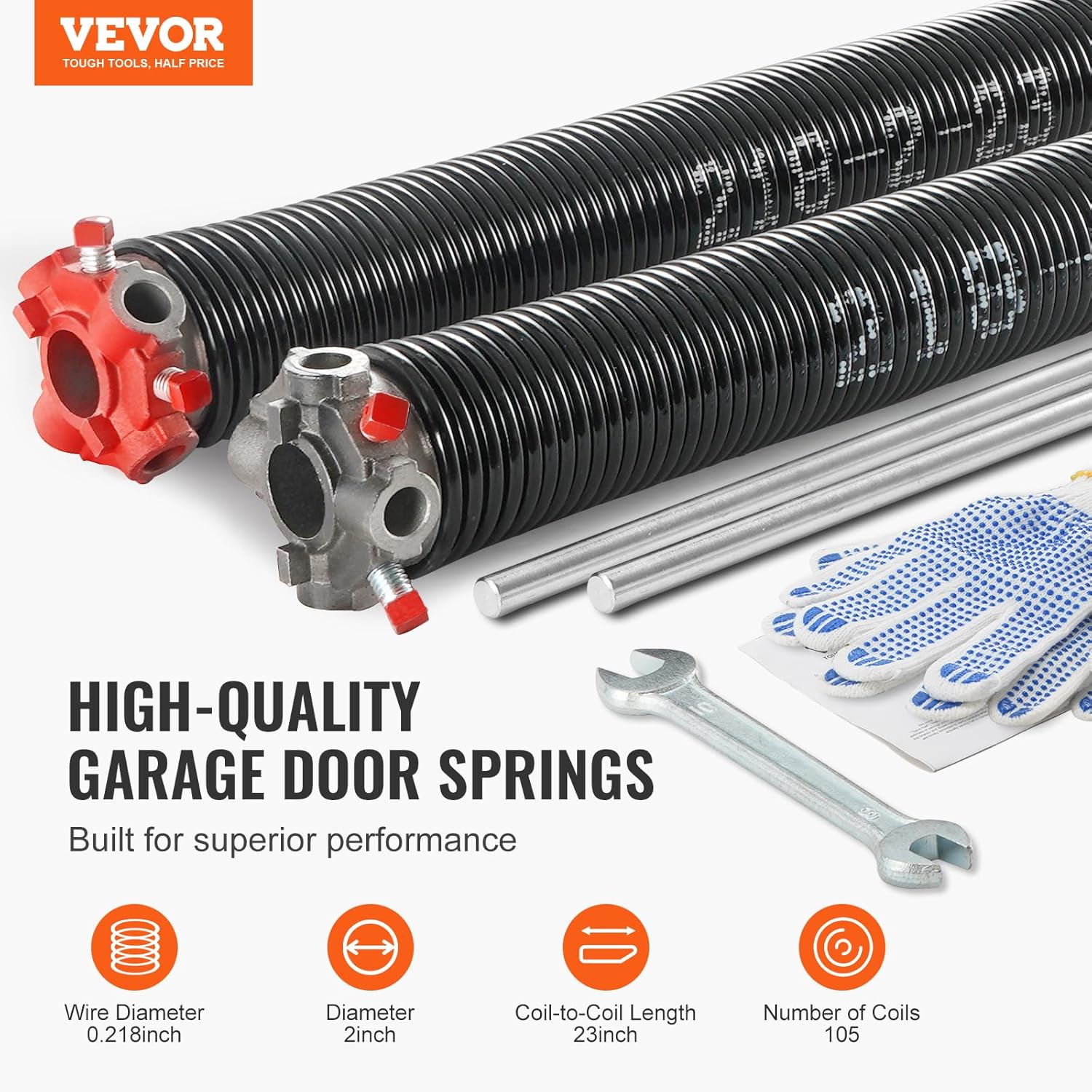 VEVOR Muelles de torsión para puerta de garaje, par de 0.218 x 2 x 23 pulgadas, 16000 ciclos, resortes para puerta de garaje con barras de bobinado
