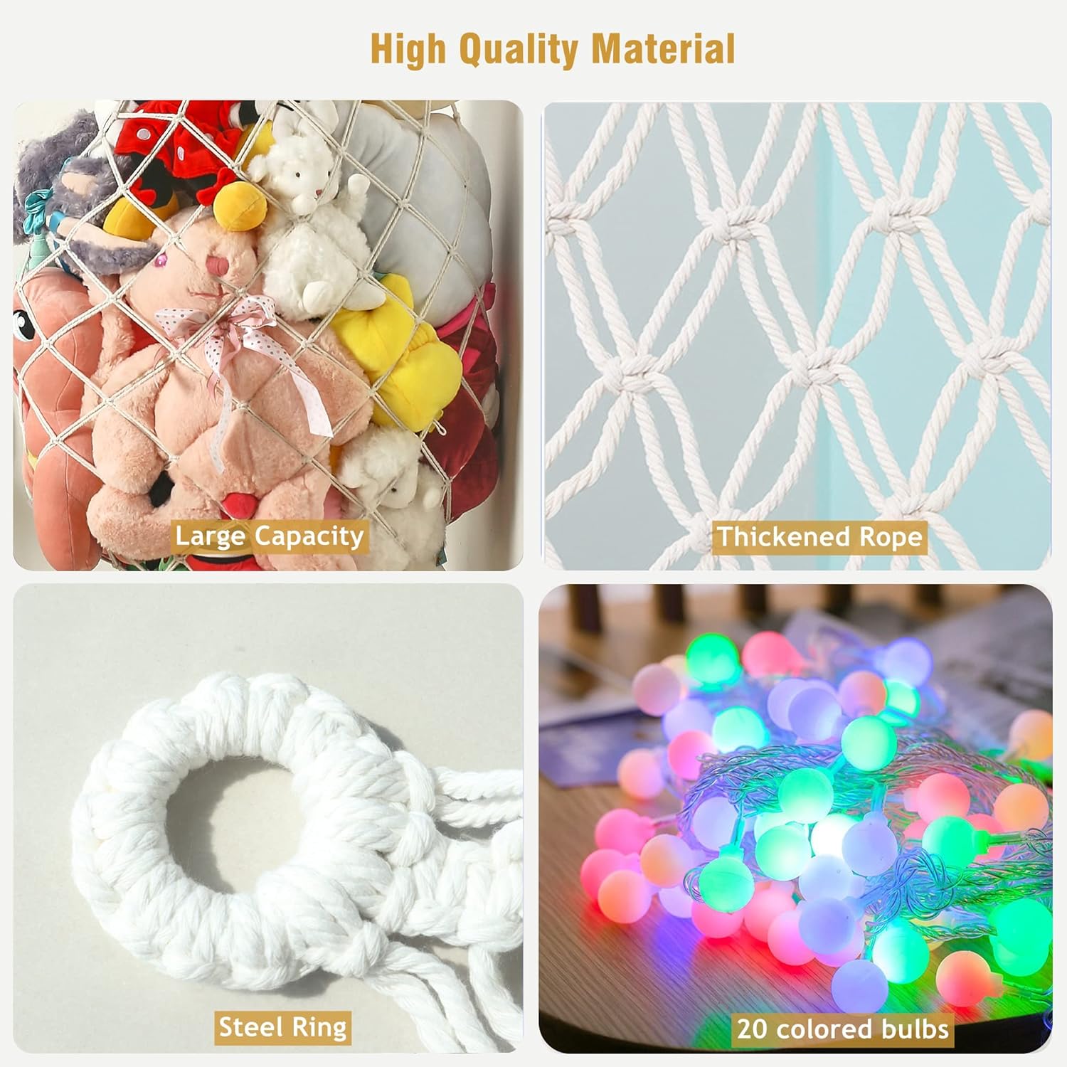 Hamaca de animales de peluche, red de animales de peluche o hamaca con hamaca LED para almacenamiento de animales de peluche, red de macramé,