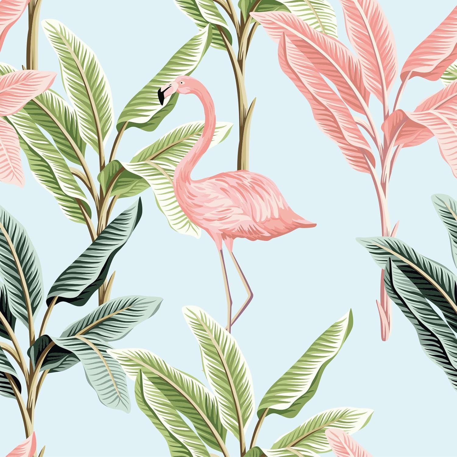 Papel tapiz de flamenco con diseño de pájaros tropicales, removible, floral, hojas verdes, bohemio, fácil de despegar, autoadhesivo, para