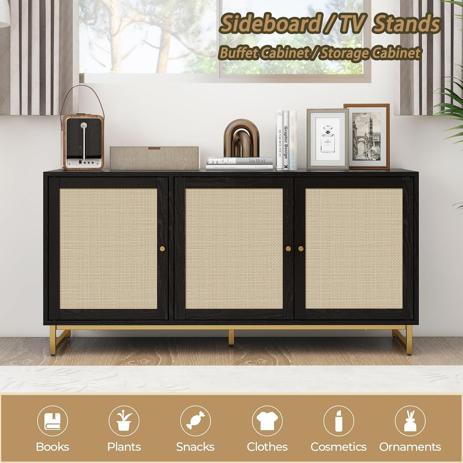 Aparador de buffet con puertas decoradas de ratán, gabinete de buffet, gabinete de ratán de 3 puertas con patas de metal para sala de estar,