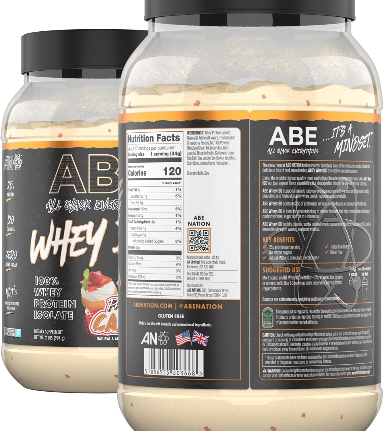 ABE Whey ISO – All Black Everything 100% aislado de proteína de suero con trozos de fresas reales  Después del entrenamiento, 0.88 onzas de