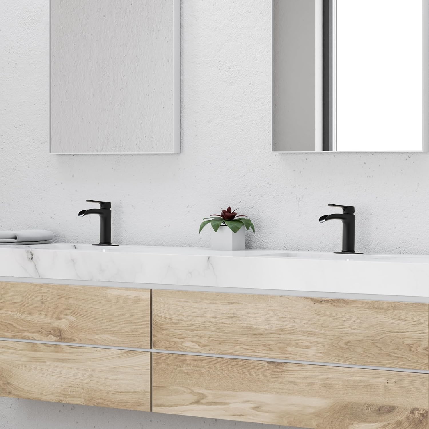 BRAVEBAR Grifo de baño de cascada negra, grifos de lavabo de baño de 4 pulgadas para 1 agujero, latón macizo, moderno grifo de tocador de una sola