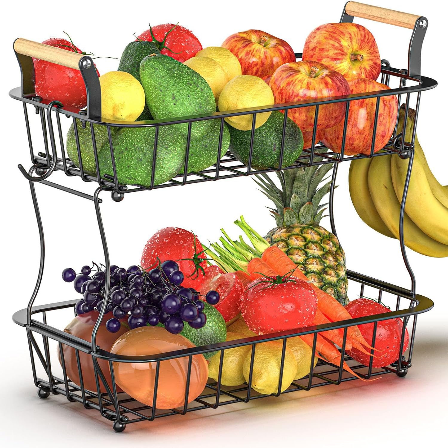 Cesta de frutas de 2 niveles para encimera de cocina con 2 ganchos para plátanos, cuenco de frutas para encimera de cocina, soporte grande para
