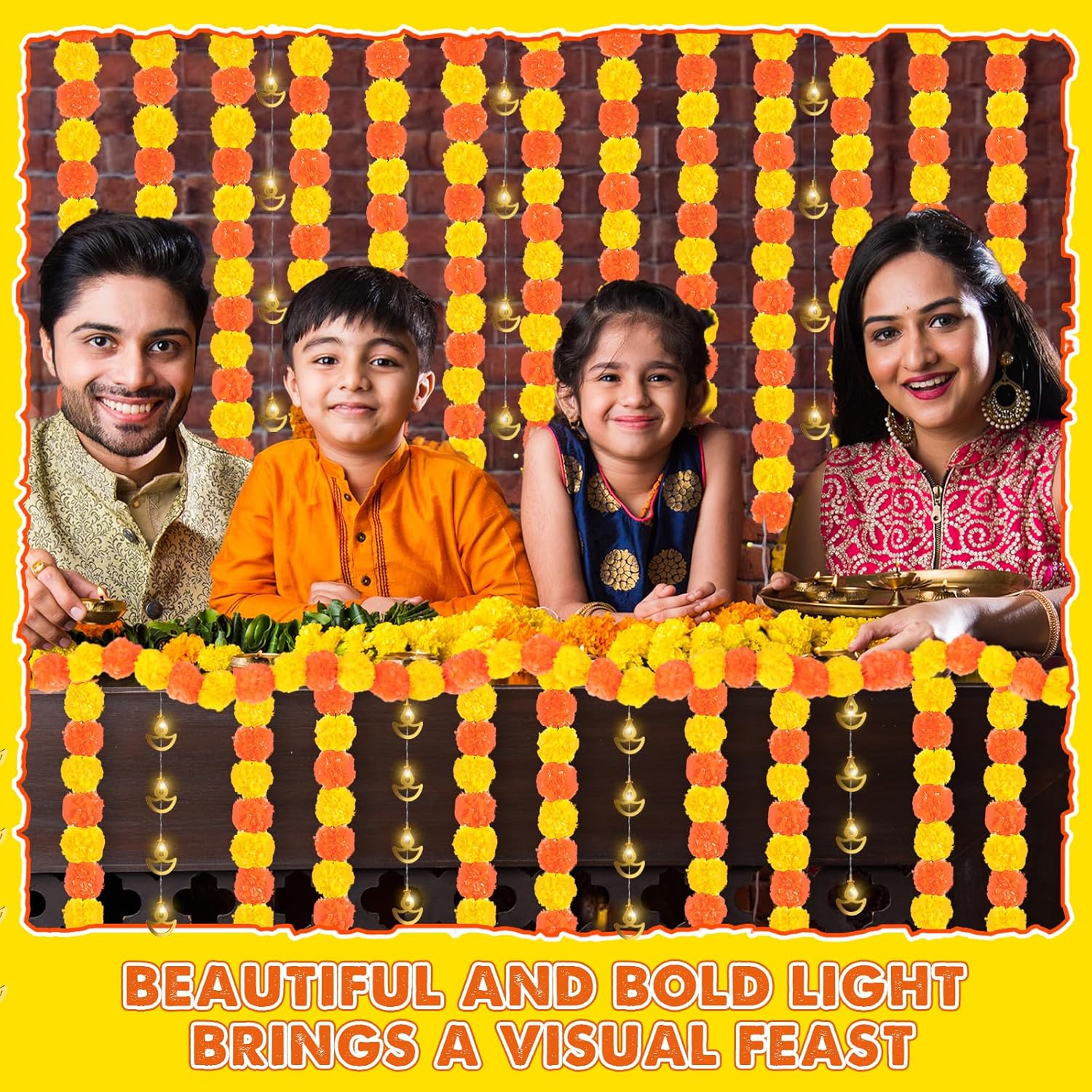Yunsailing Diwali – Juego de 10 decoraciones para el Día de los Muertos, guirnalda de flores artificiales de caléndula de 5 pies y guirnalda de