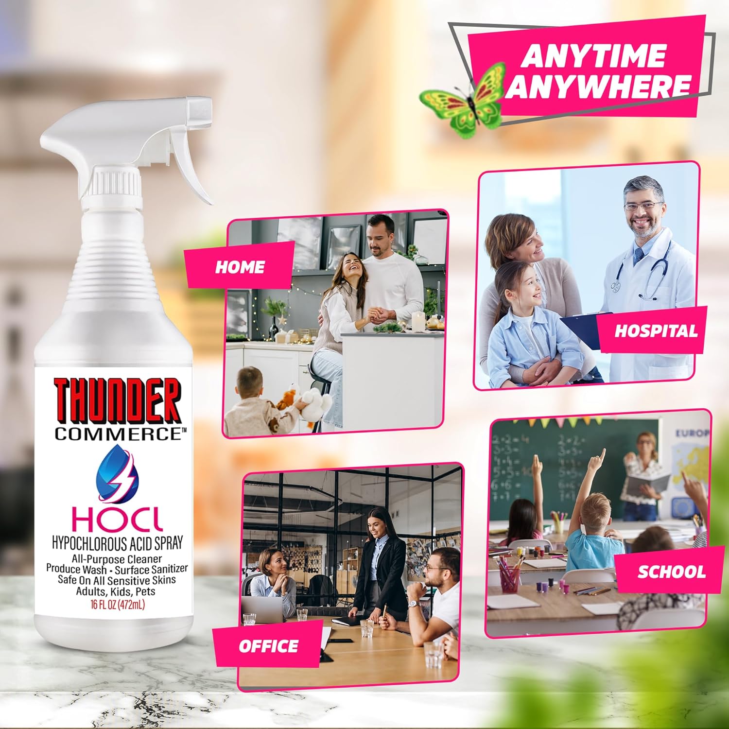 Thunder Commerce Spray de ácido hipocloroso  Limpiador multiusos, desinfectante de superficies, lavado de productos  Natural, biodegradable, sin