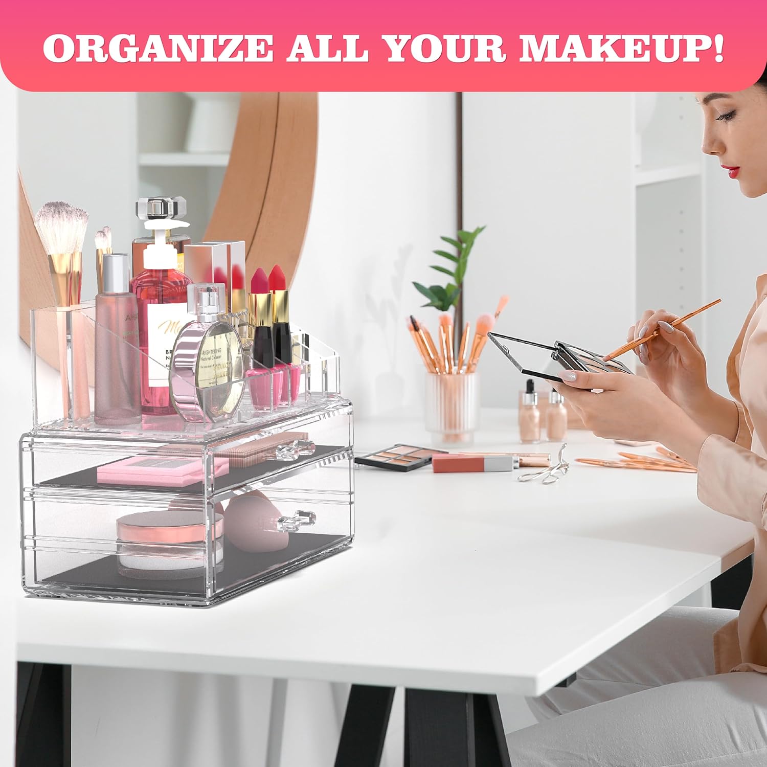 Harmon Wandyer Organizador de maquillaje acrílico transparente con 2 cajones y extraíble de los soportes superiores para lápiz labial, soporte de