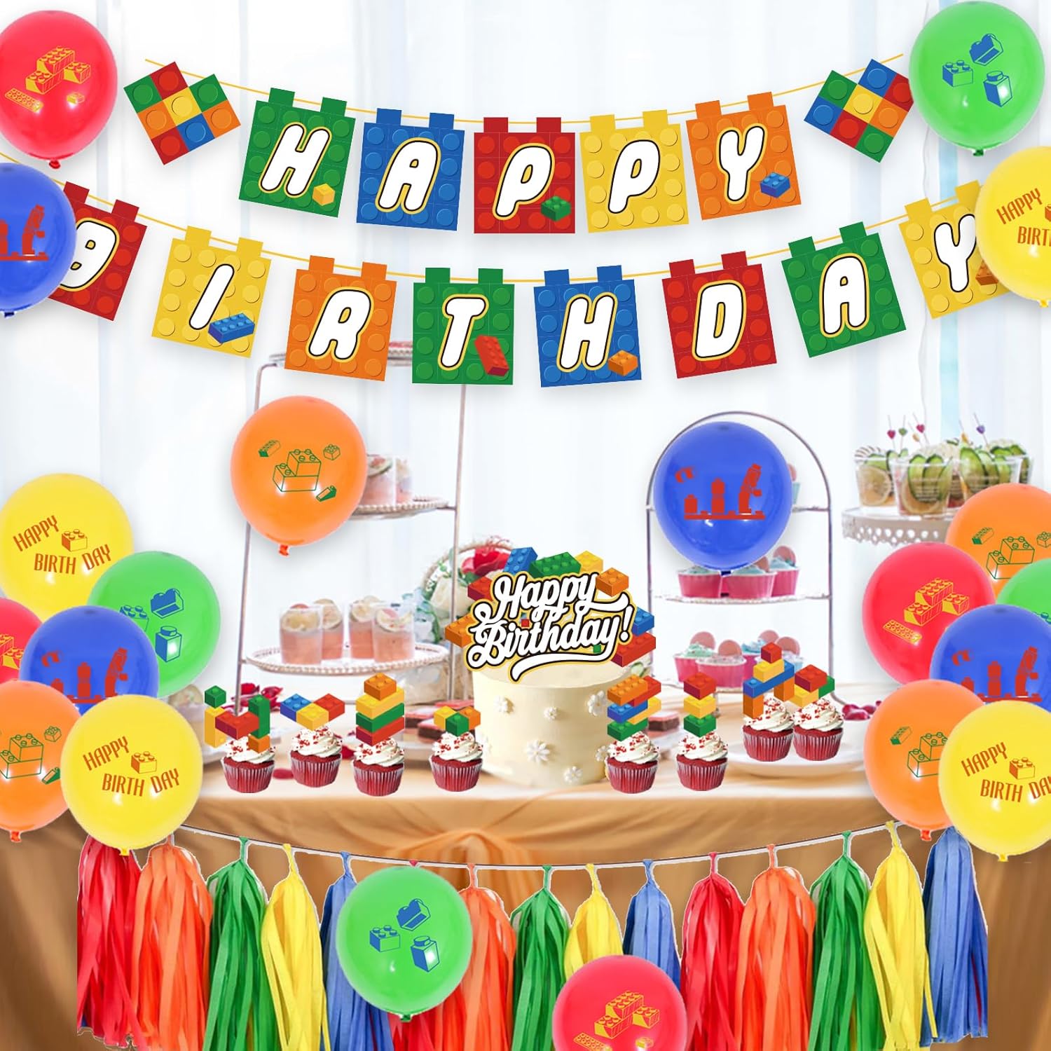 PRATYUS Decoraciones de cumpleaños de bloques de construcción para niños, suministros de fiesta temática de ladrillo y bloque con pancarta,