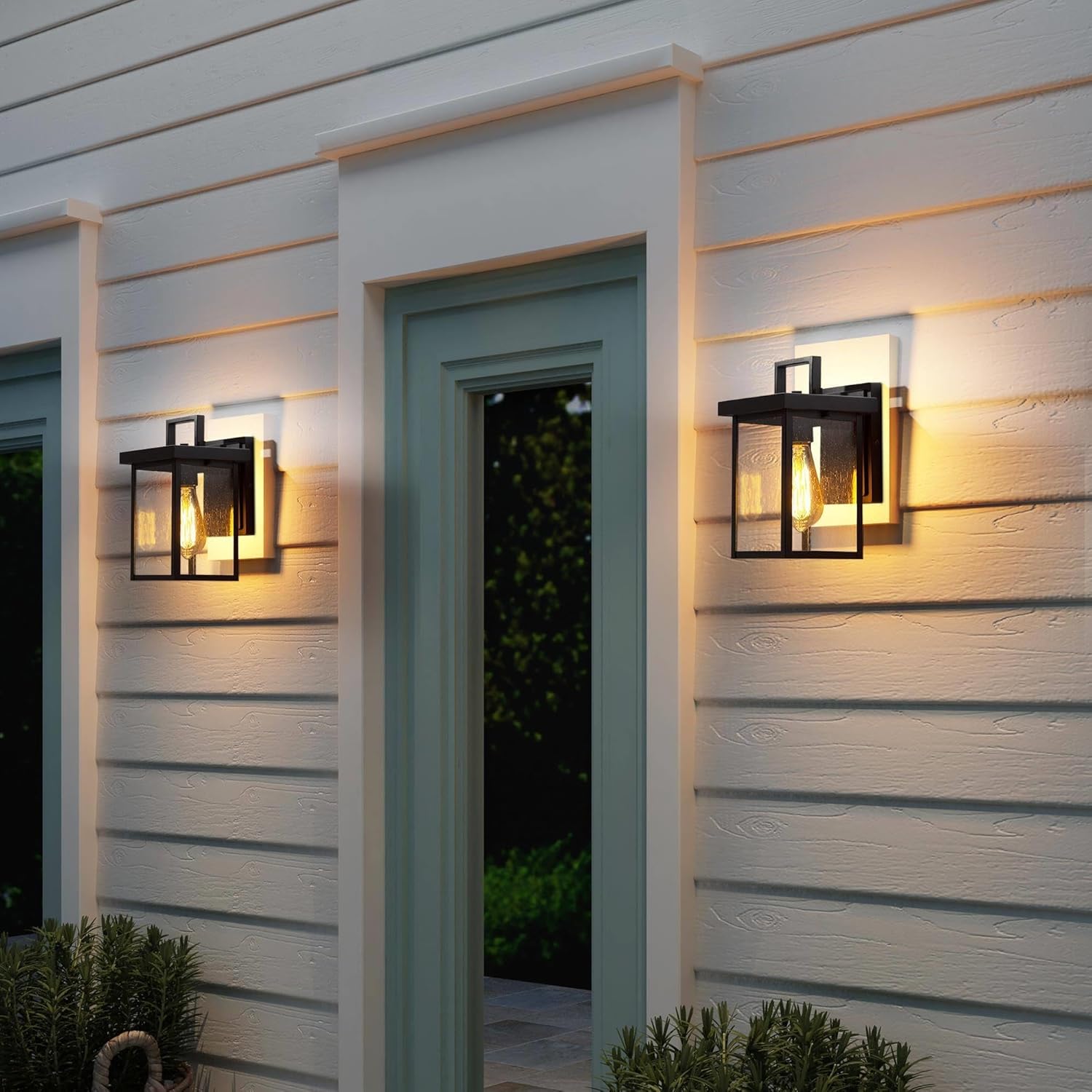 Durent Lighting Luces de pared negras para exteriores, apliques de pared exterior con vidrio semillado, faroles impermeables y antioxidantes para