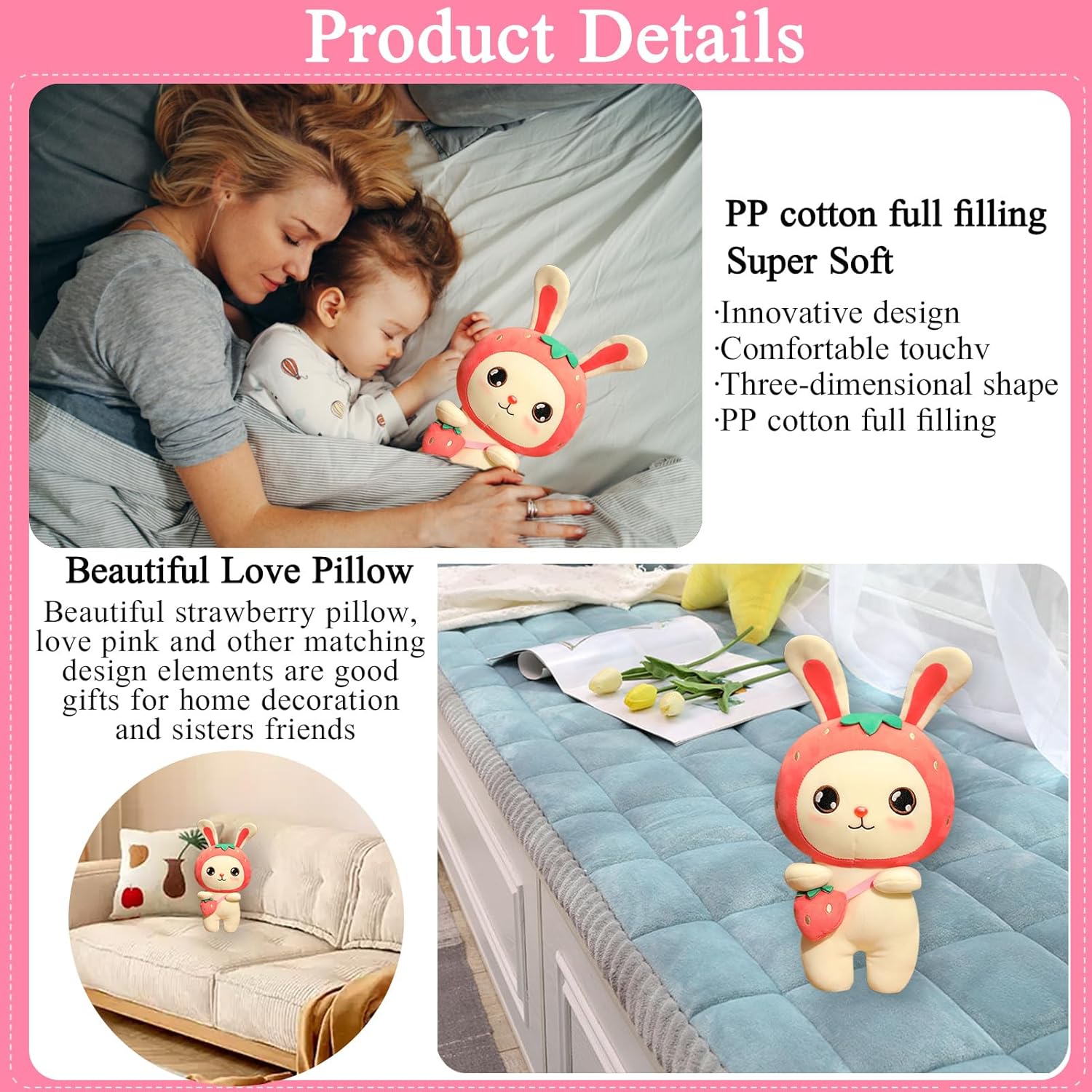 AUCOOMA Almohada de peluche de conejito de fresa para niñas, rosa 11.8