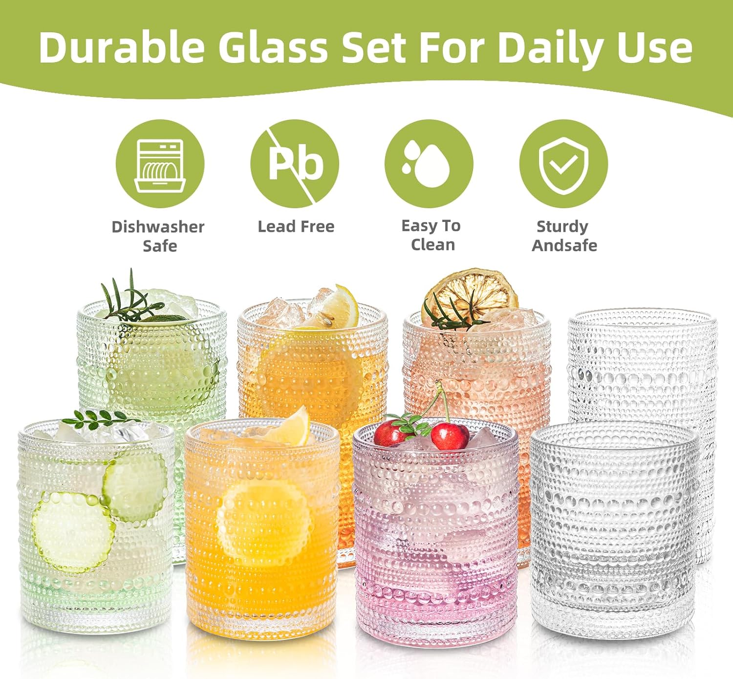 Elegante juego de 8 vasos vintage de hobnail para beber vasos de vidrio con diseño en relieve, 4 vasos altos y 4 vasos de roca. Perfecto para