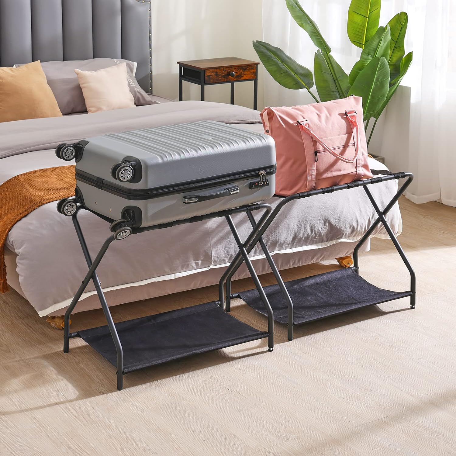 AMHANCIBLE Luggage Rack, Set of 2, Foldable Suitcase Stands for Guest Room, Metal Luggage Holder with Storage Shelf for Bedroom, Hotel, Easy