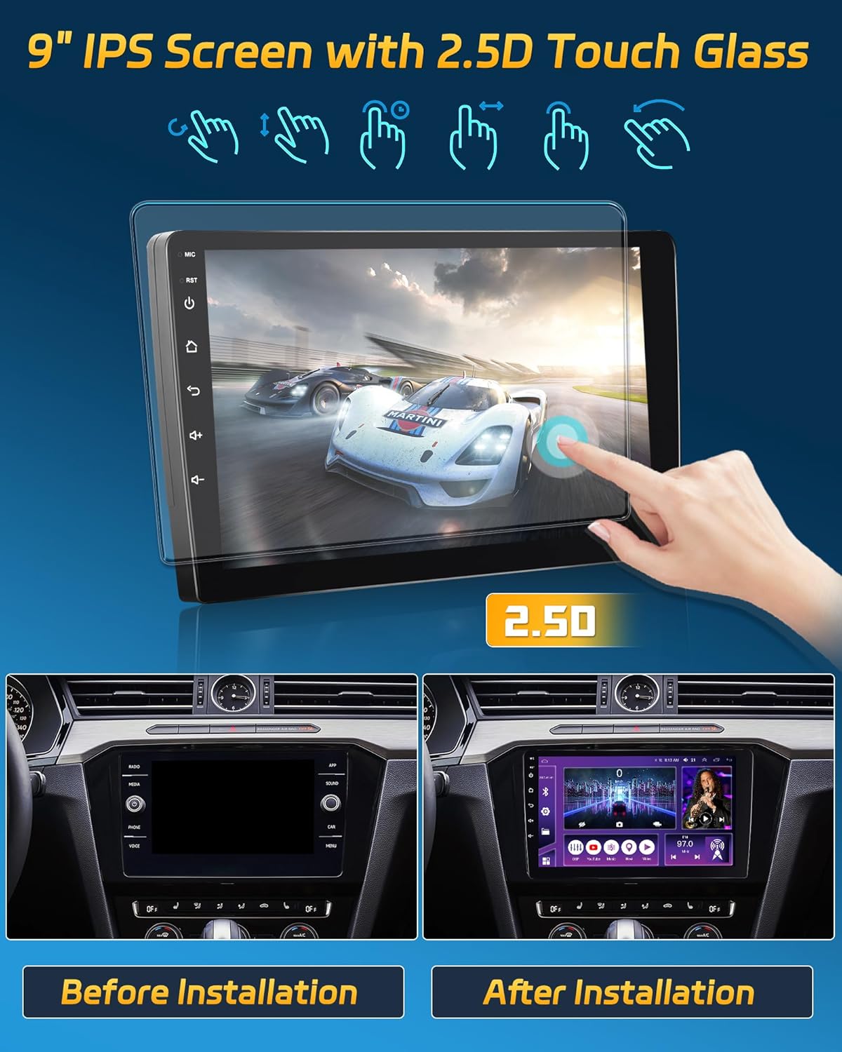 Hikity Android 13 Estéreo de coche inalámbrico Apple Carplay Android Auto, 8 Core 4+64G Doble Din 9 pulgadas Pantalla táctil Audio del coche