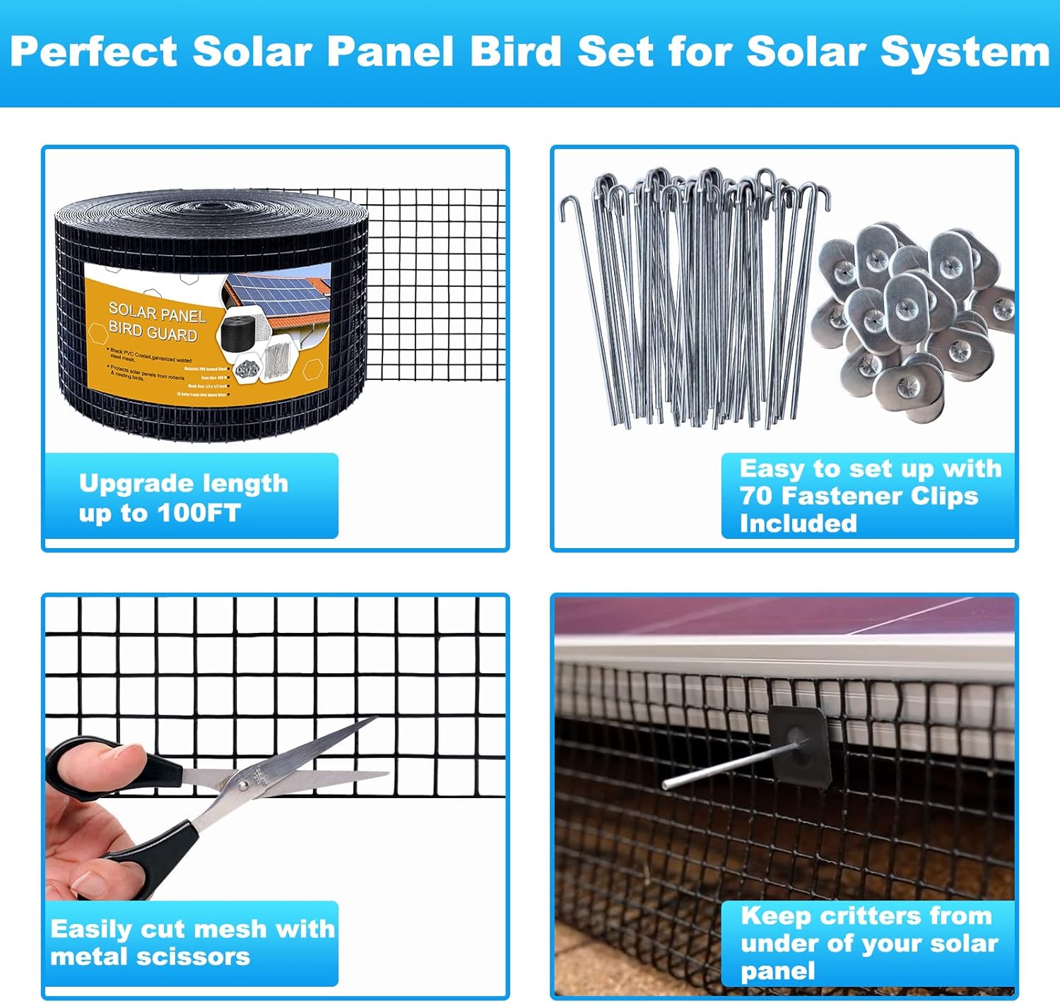 Panel solar de alambre para pájaros, 8 pulgadas x 100 pies, recubierto de PVC, kit de rollo de aves para evitar que entren y aniden, con 70 clips de