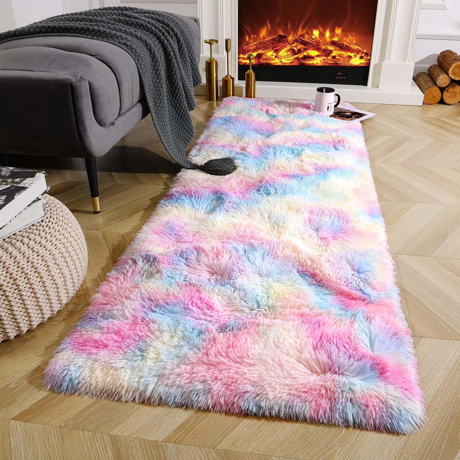 Ompaa Alfombra suave y esponjosa de arco iris para dormitorio de niñas, alfombras Kawaii de teñido anudado para niños, para adolescentes, estética,