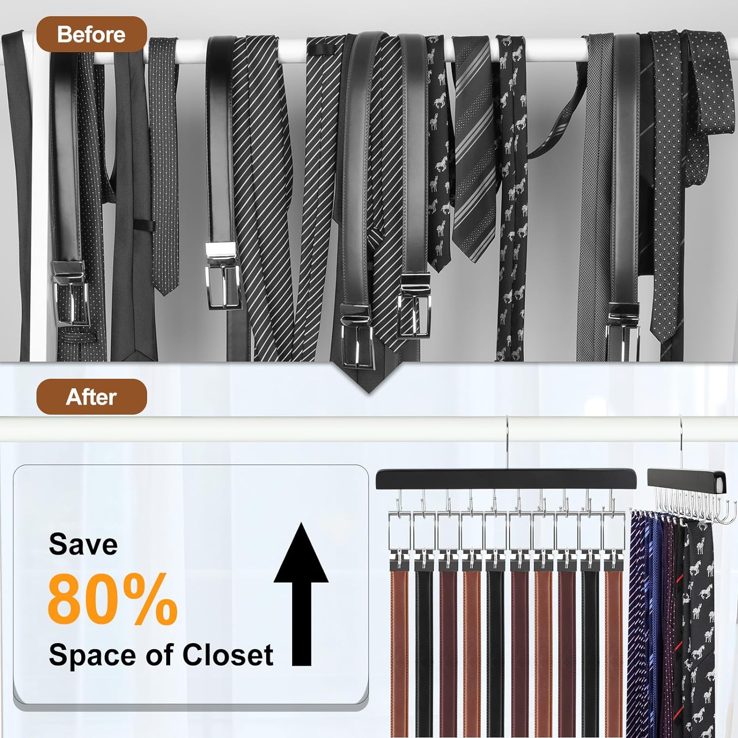 TOPIA HANGER Percha de amarre de cinturón 2 en 1 para armario Max 30 cinturones con capacidad de 30 lazos, 20 ganchos para atar cinturones, colgador