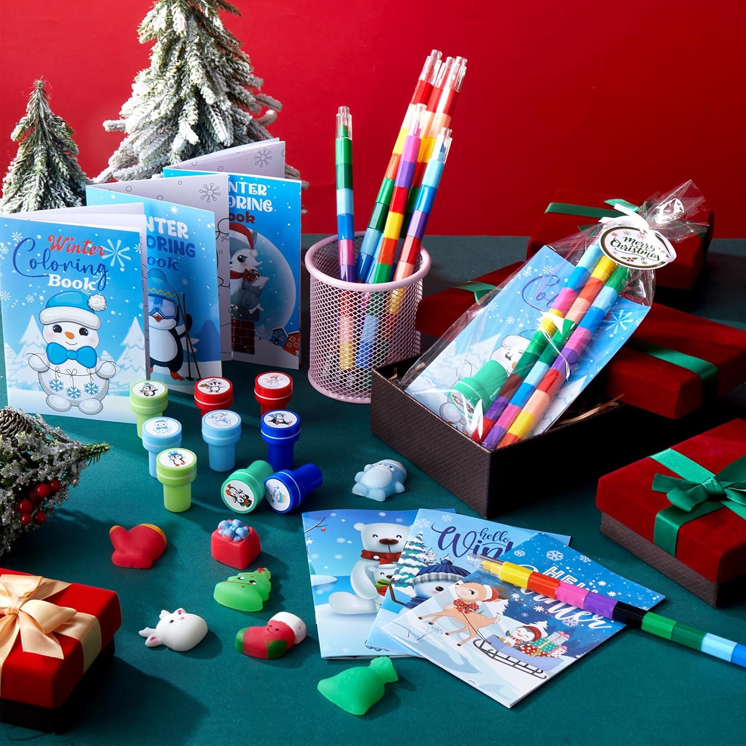 108 Pcs Christmas Party Favors Bible Coloring Book with Stacking Crayons for Kids Squishes Christmas Toys DIY Sticker Stampers Goodie Bag Fillers
