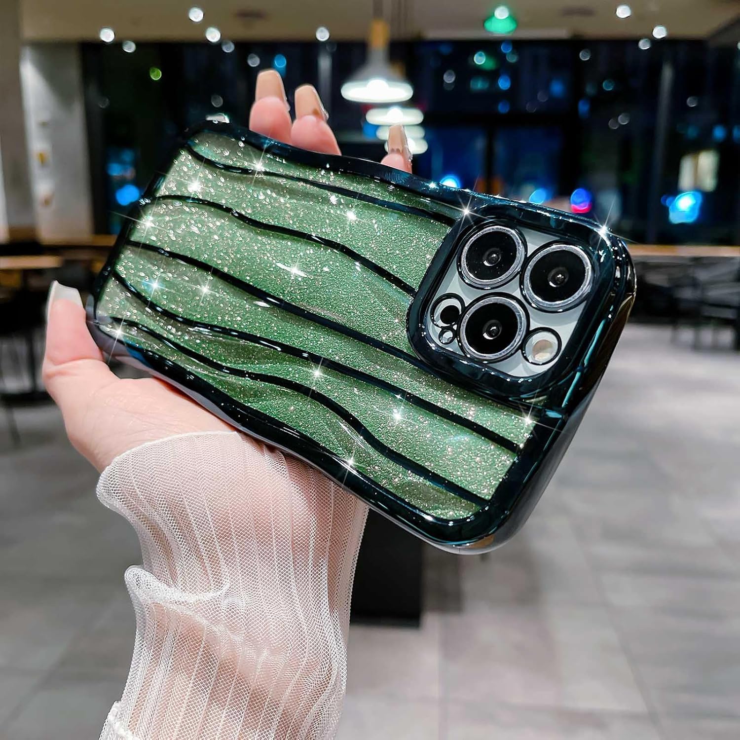 VirgoCCY Funda con purpurina con patrón de ondas de agua para iPhone 13 Pro Max, funda protectora de TPU suave para mujeres y niñas, con marco de