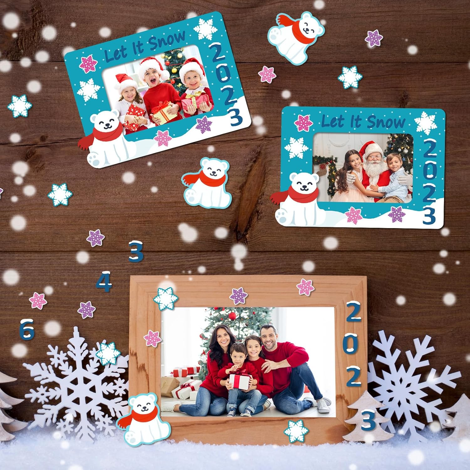 24 juegos de marcos de fotos de invierno fechados, kit de manualidades con imán de Navidad, marcos de fotos con calcomanías de copo de nieve,