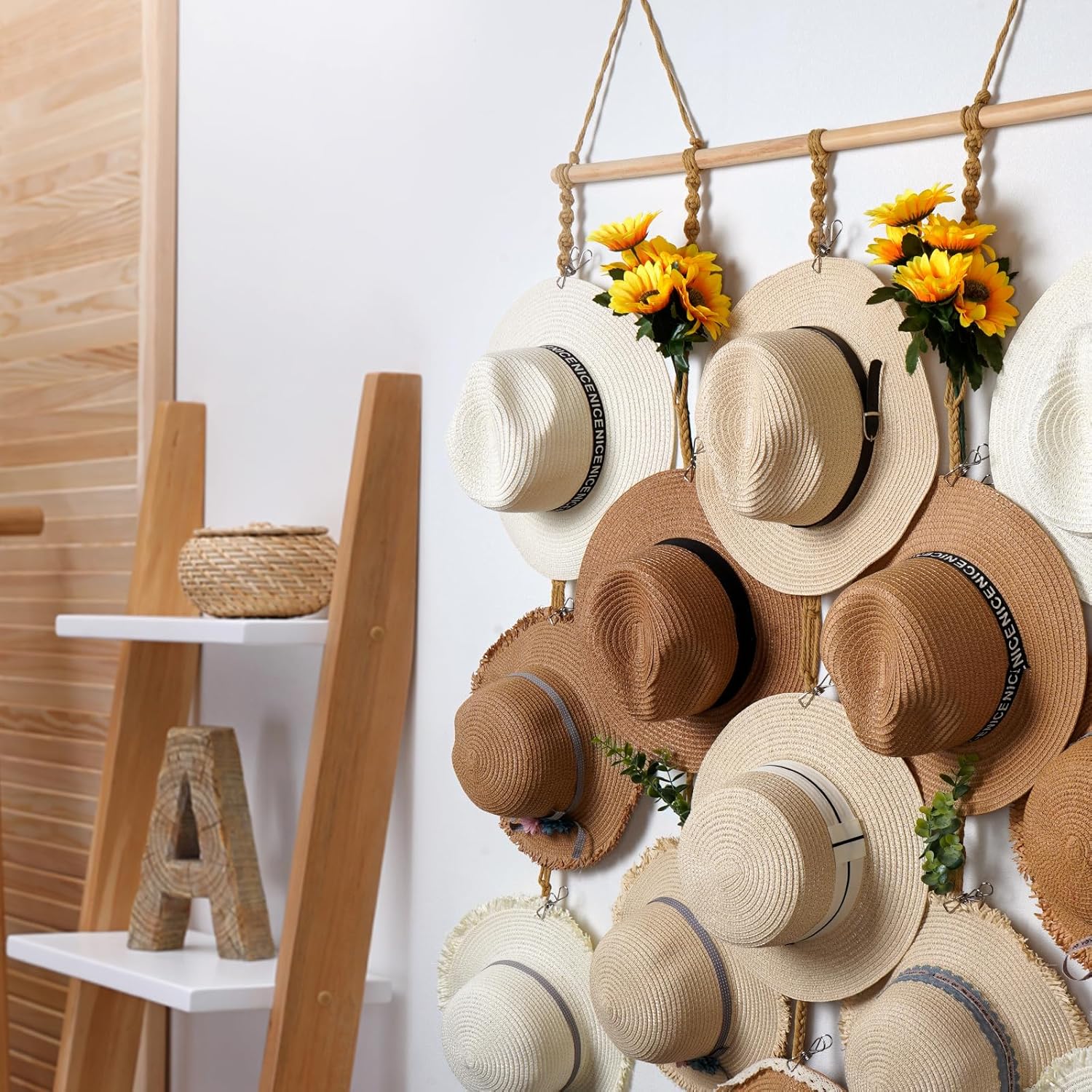 Organizador de sombreros de macramé para pared, 15 clips de 31 x 53 pulgadas, ganchos grandes para sombreros de Fedora, para almacenamiento de