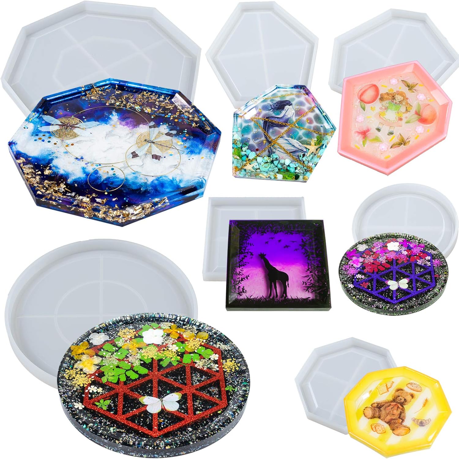 Juego de moldes de silicona de resina epoxi para bandeja de jabón, exhibición de joyas, placa de petri, hormigón, cemento, arcilla polimérica, 7