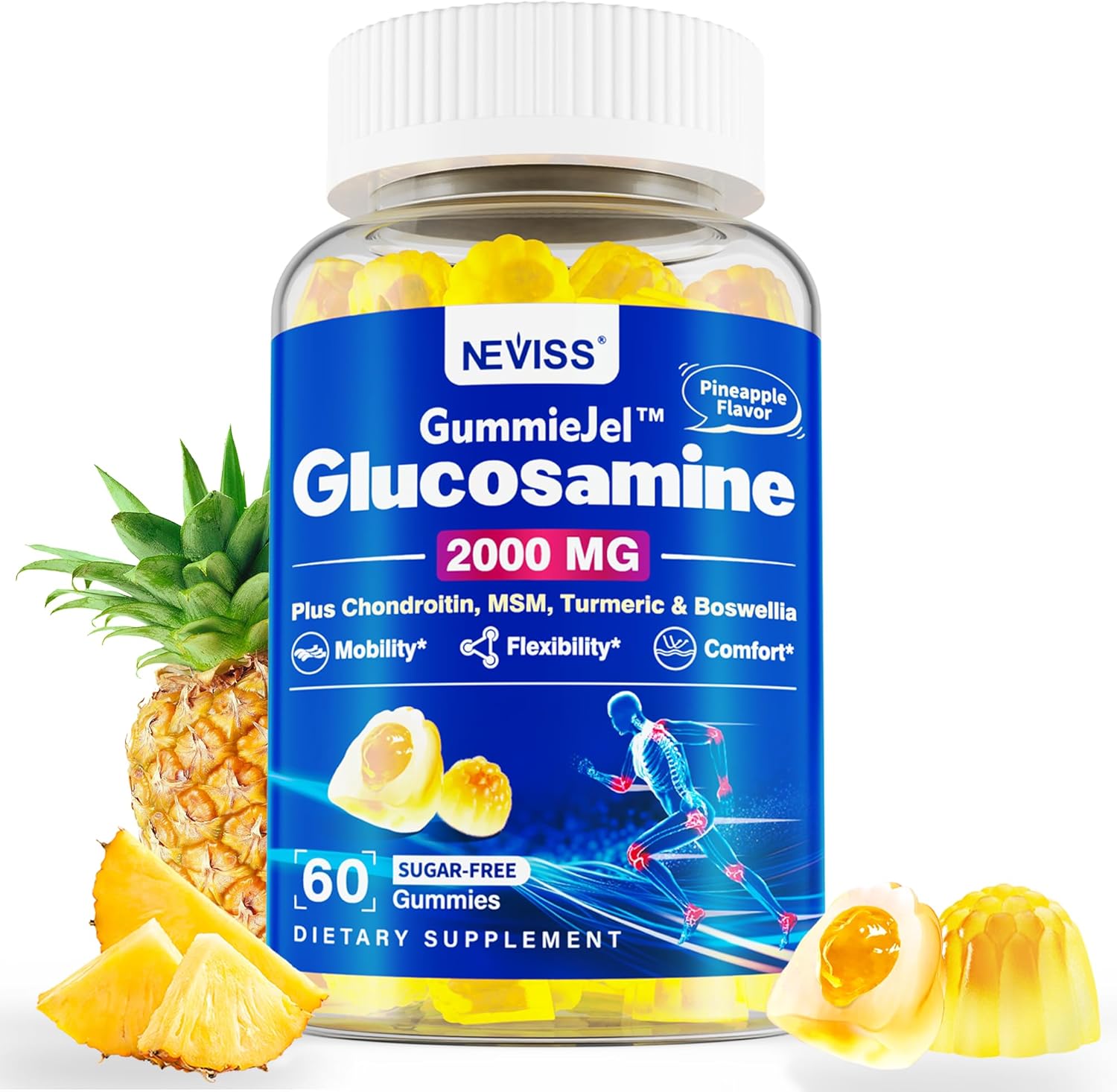 Gomitas rellenas de glucosamina condroitina MSM sin azúcar, 3100 mg – Suplemento de apoyo articular – Más cúrcuma, boswellia, ácido hialurónico y