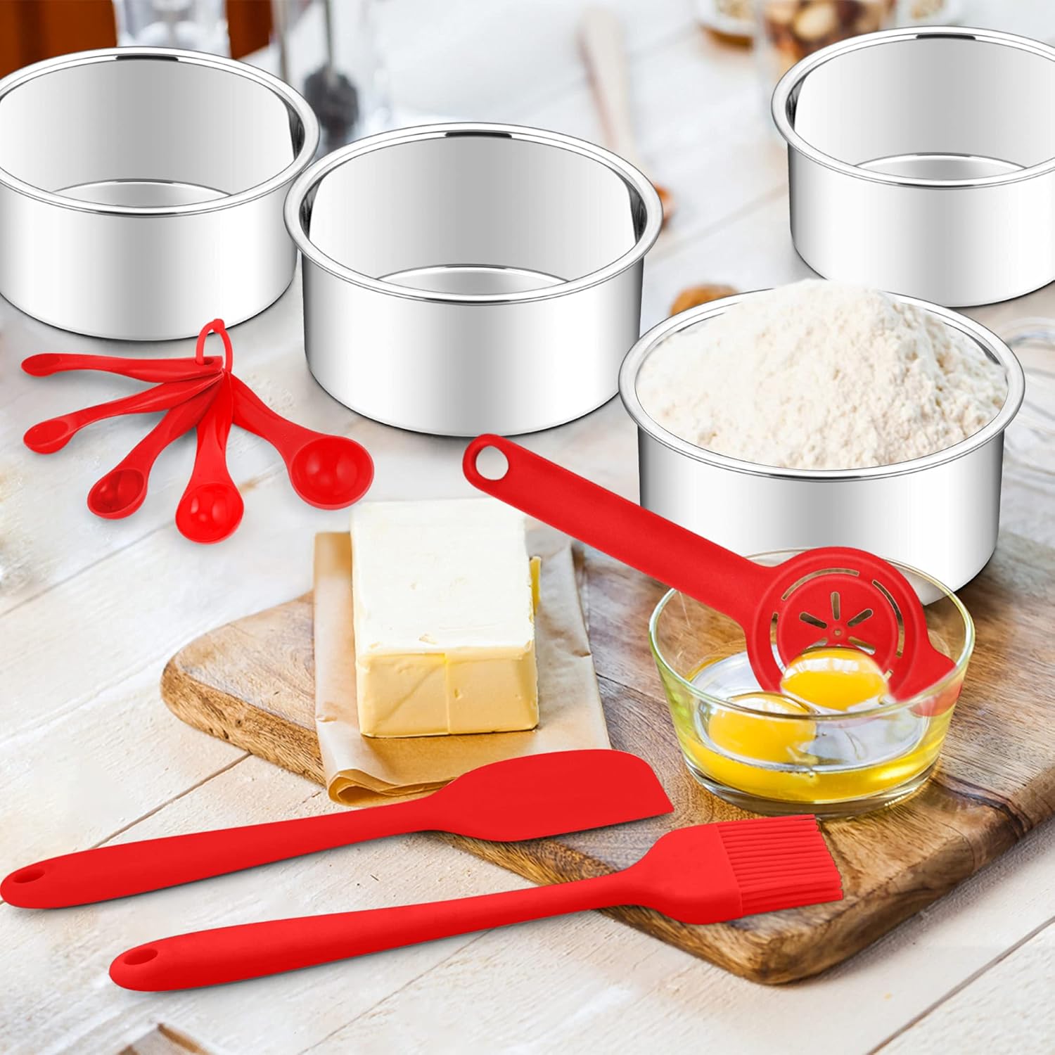 TeamFar Juego de moldes para pasteles de 4 pulgadas, 4 moldes redondos de acero inoxidable, mini moldes para pasteles con espátula de silicona y