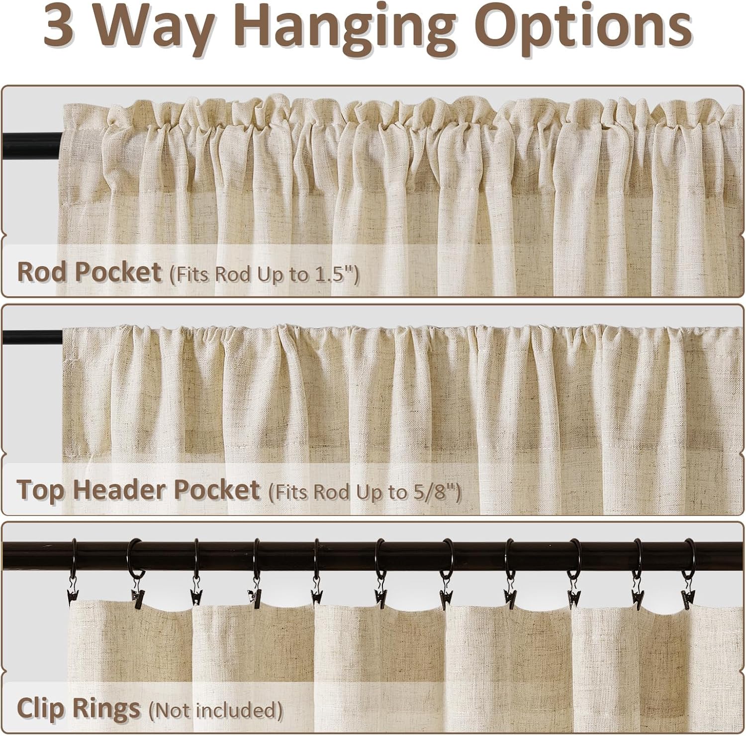 Guken Cortinas de lino de 108 pulgadas de largo para sala de estar o dormitorio, juego de 2 paneles de cortinas semitransparentes con bolsillo para